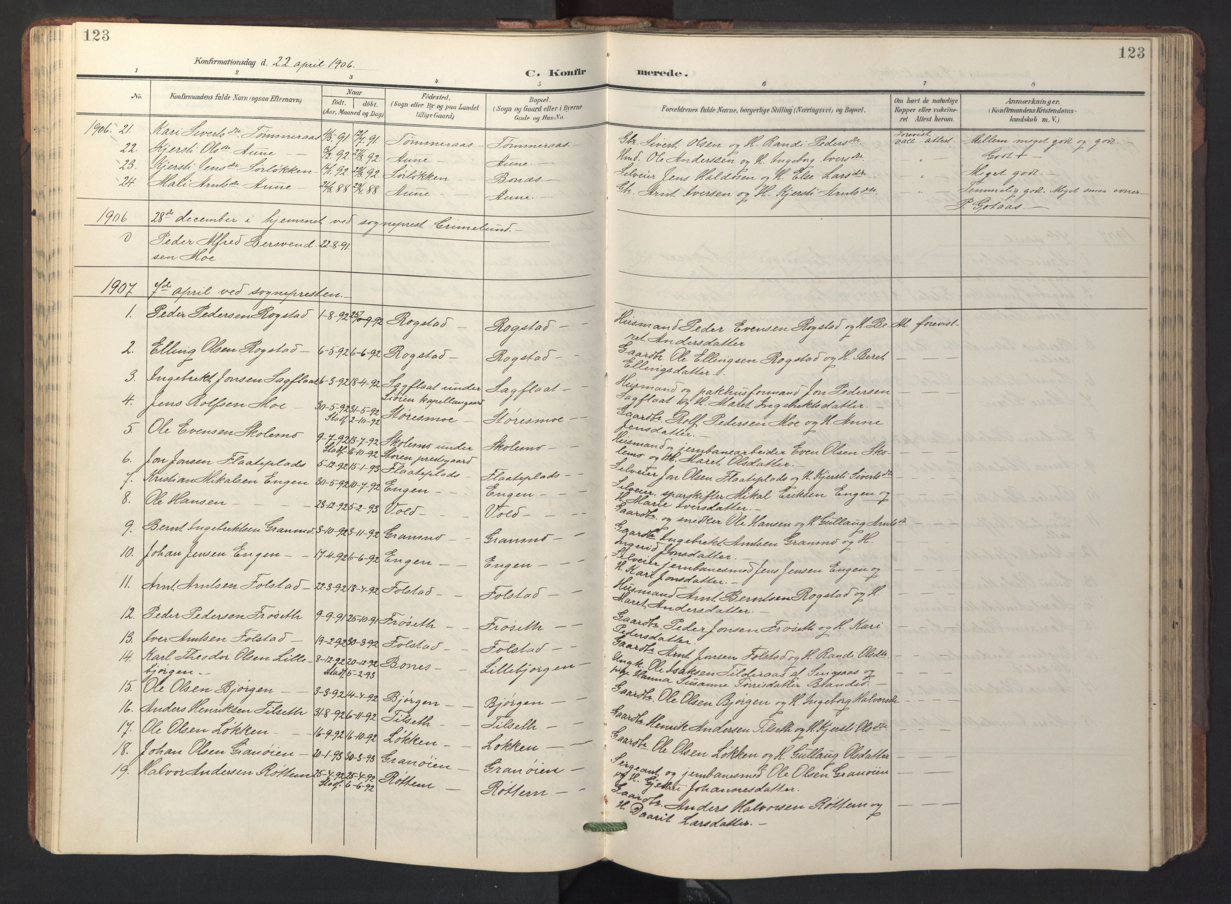 Ministerialprotokoller, klokkerbøker og fødselsregistre - Sør-Trøndelag, SAT/A-1456/687/L1019: Parish register (copy) no. 687C03, 1904-1931, p. 123