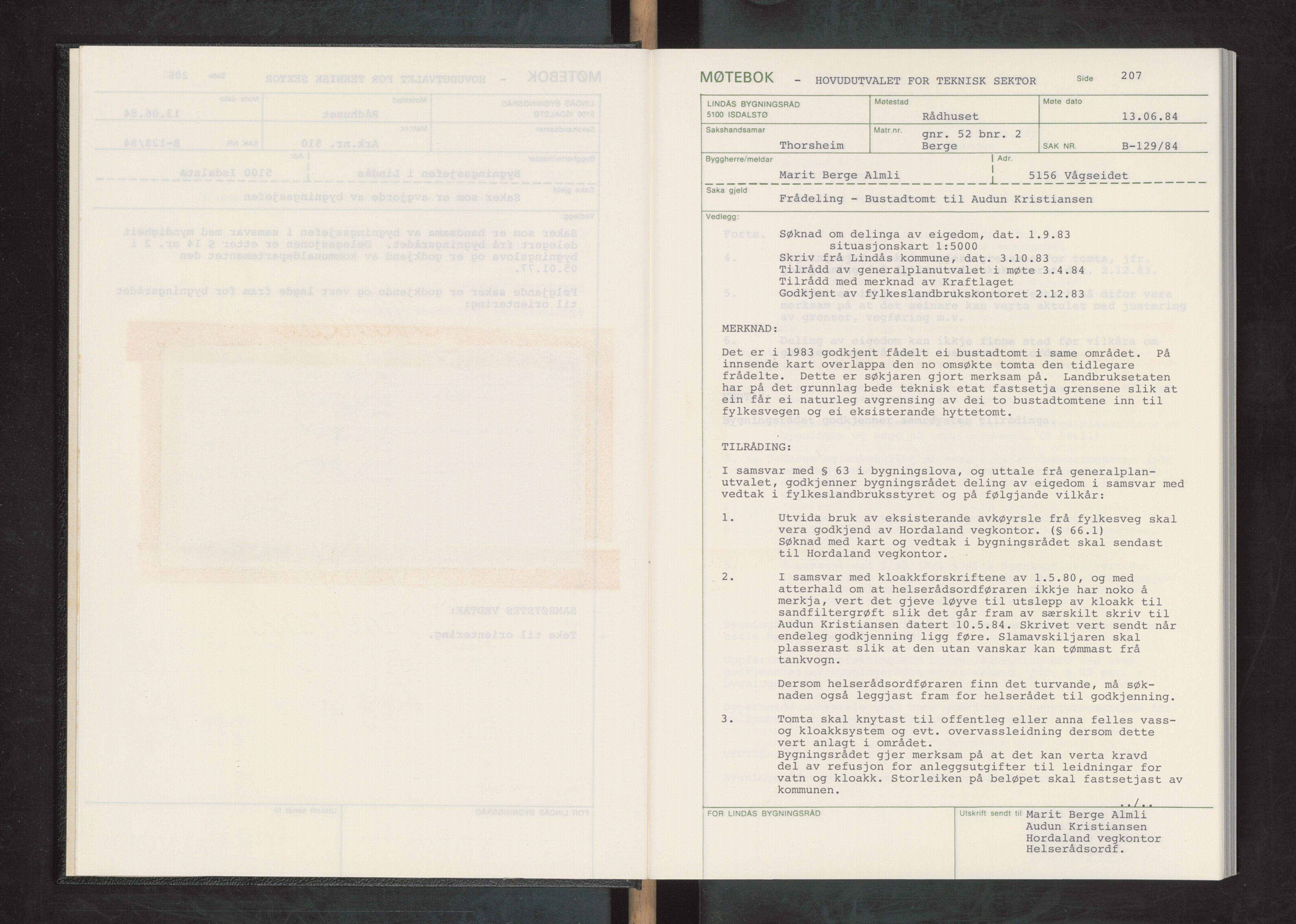 Lindås kommune. Bygningsrådet, IKAH/1263-511/A/Aa/L0052: Møtebok for Lindås bygningsråd, 1984
