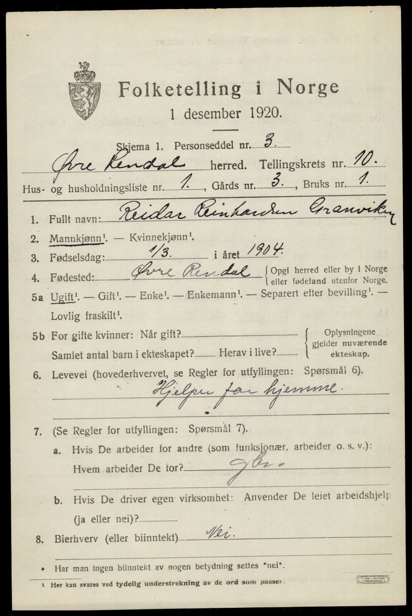 SAH, 1920 census for Øvre Rendal, 1920, p. 3835