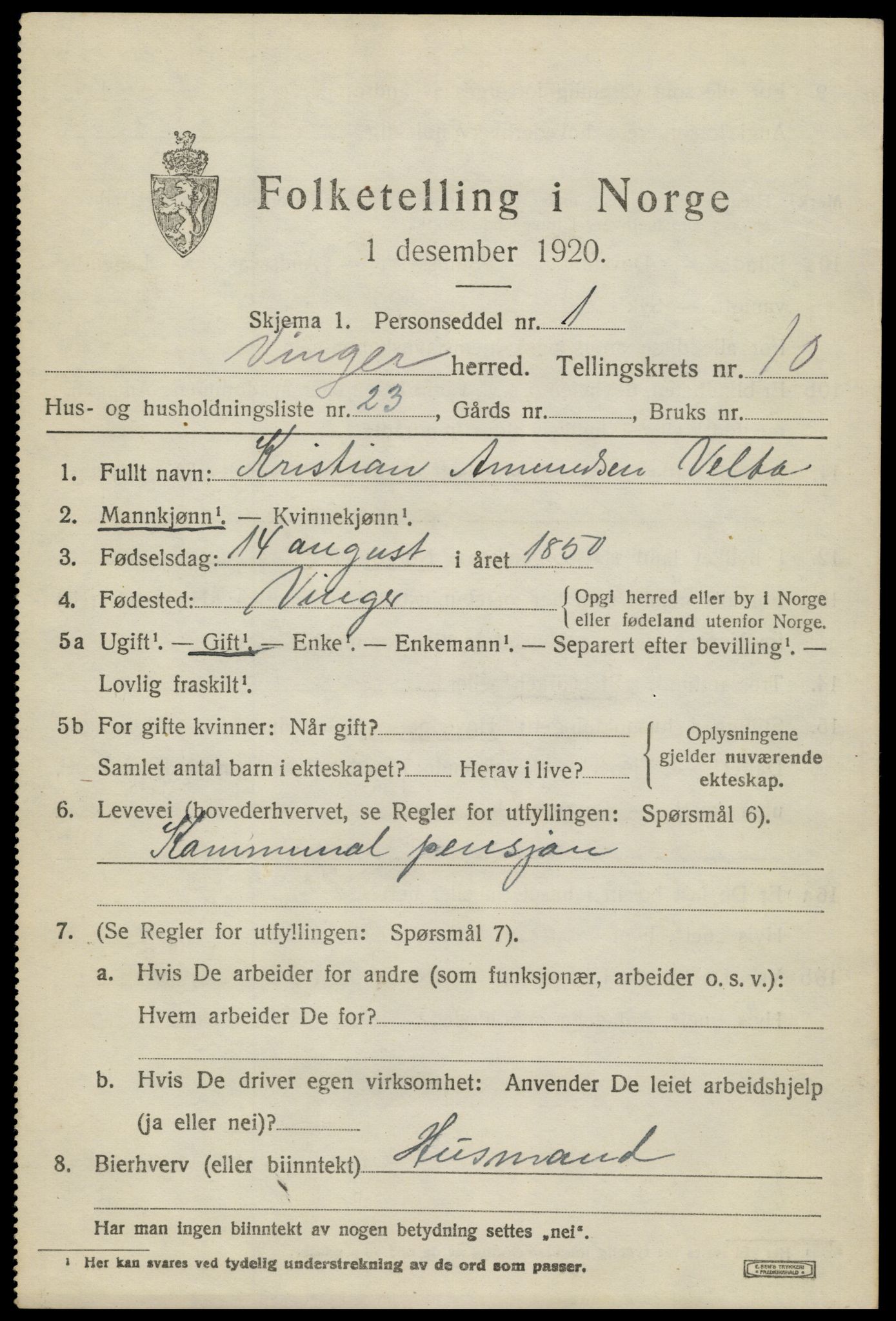 SAH, 1920 census for Vinger, 1920, p. 8794