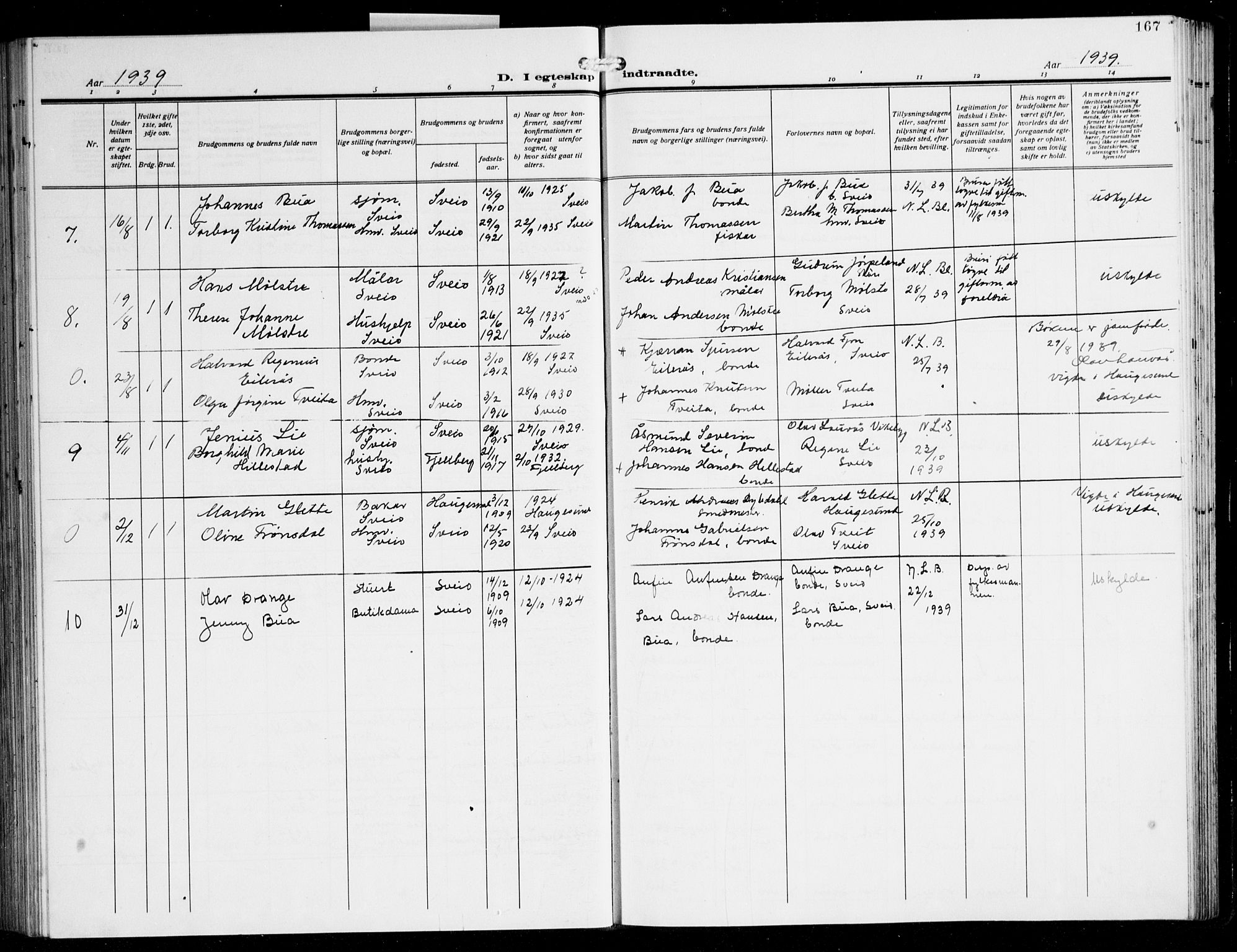 Sveio Sokneprestembete, AV/SAB-A-78501/H/Hab: Parish register (copy) no. A 6, 1927-1945, p. 167