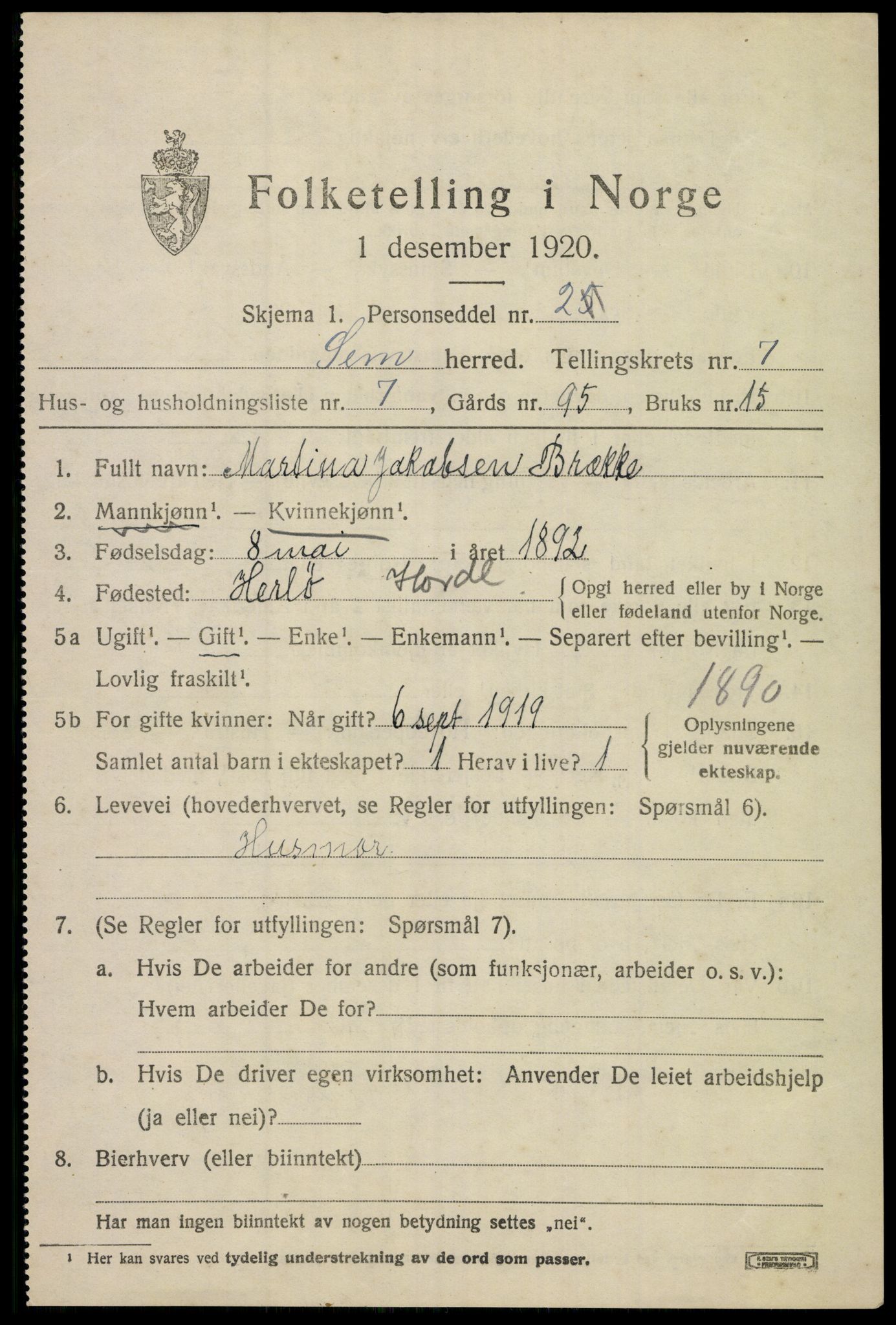 SAKO, 1920 census for Sem, 1920, p. 10391