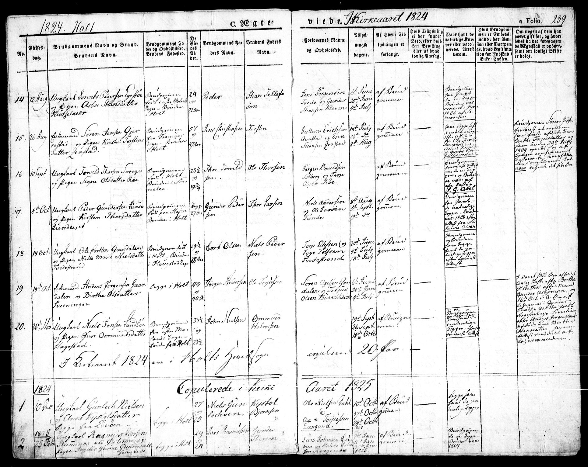 Holt sokneprestkontor, AV/SAK-1111-0021/F/Fa/L0006: Parish register (official) no. A 6, 1820-1835, p. 239