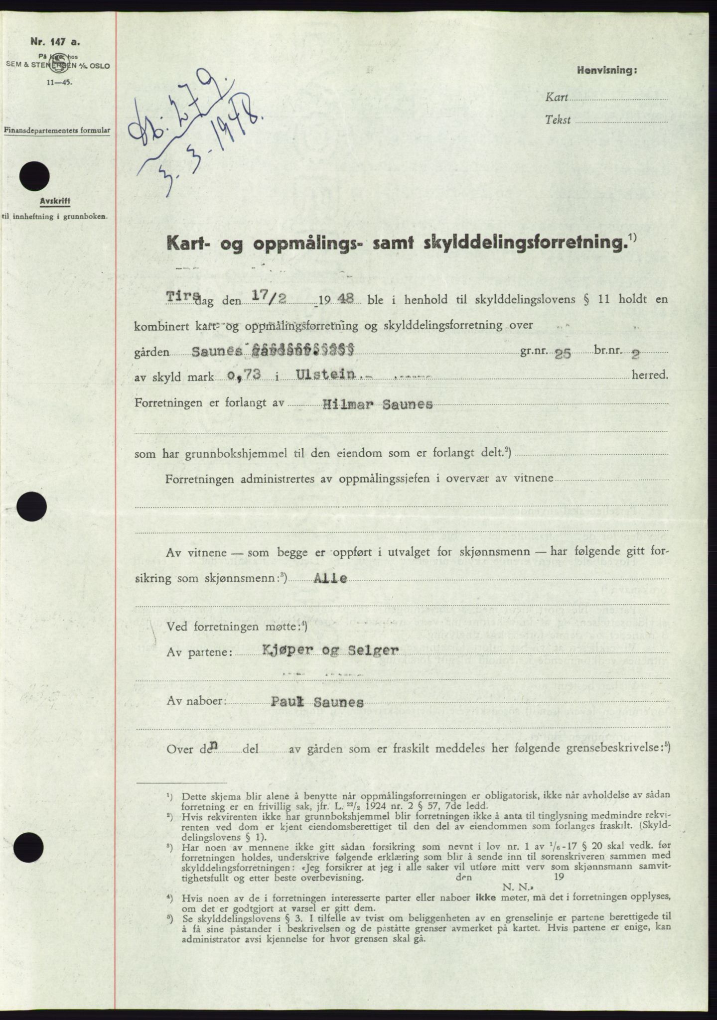 Søre Sunnmøre sorenskriveri, AV/SAT-A-4122/1/2/2C/L0082: Mortgage book no. 8A, 1948-1948, Diary no: : 279/1948