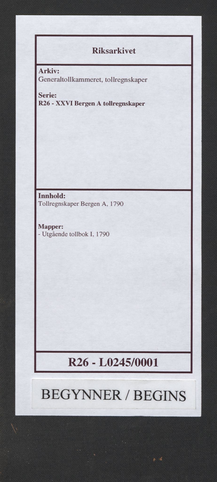 Generaltollkammeret, tollregnskaper, AV/RA-EA-5490/R26/L0245/0001: Tollregnskaper Bergen A / Utgående tollbok I, 1790