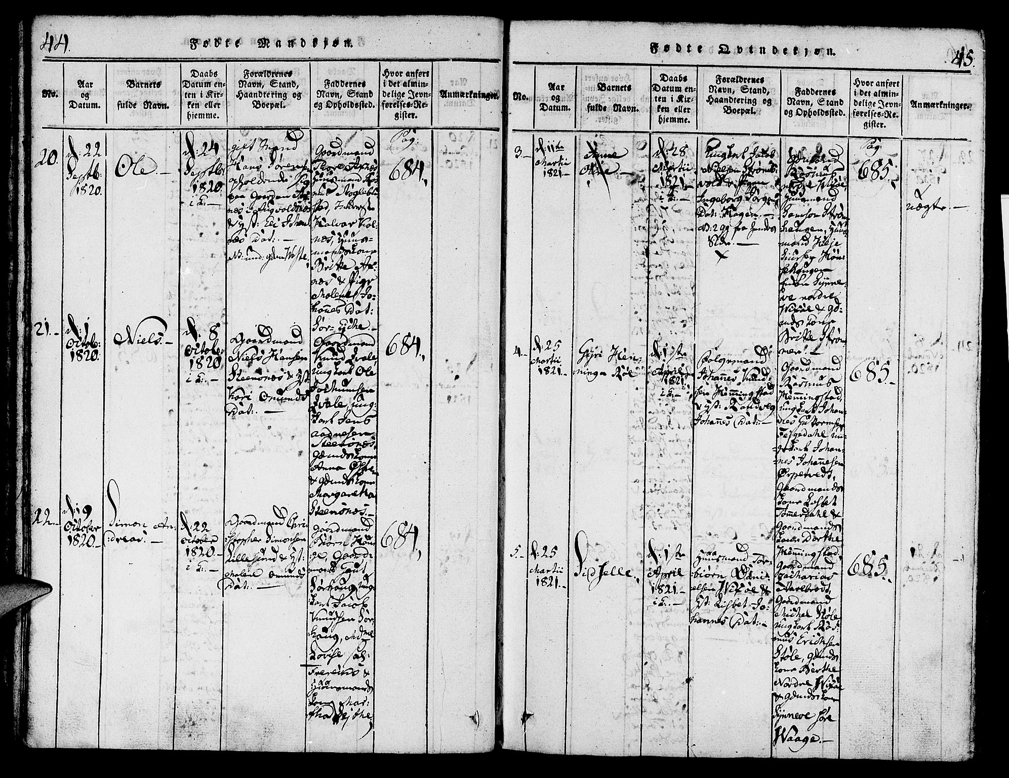 Torvastad sokneprestkontor, SAST/A -101857/H/Ha/Haa/L0004: Parish register (official) no. A 4, 1817-1836, p. 44-45