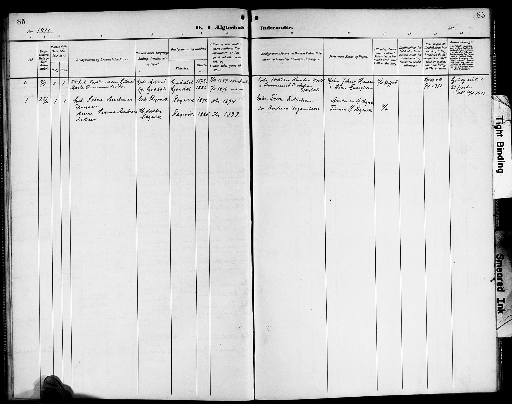 Sirdal sokneprestkontor, SAK/1111-0036/F/Fb/Fbb/L0004: Parish register (copy) no. B 4, 1895-1916, p. 85