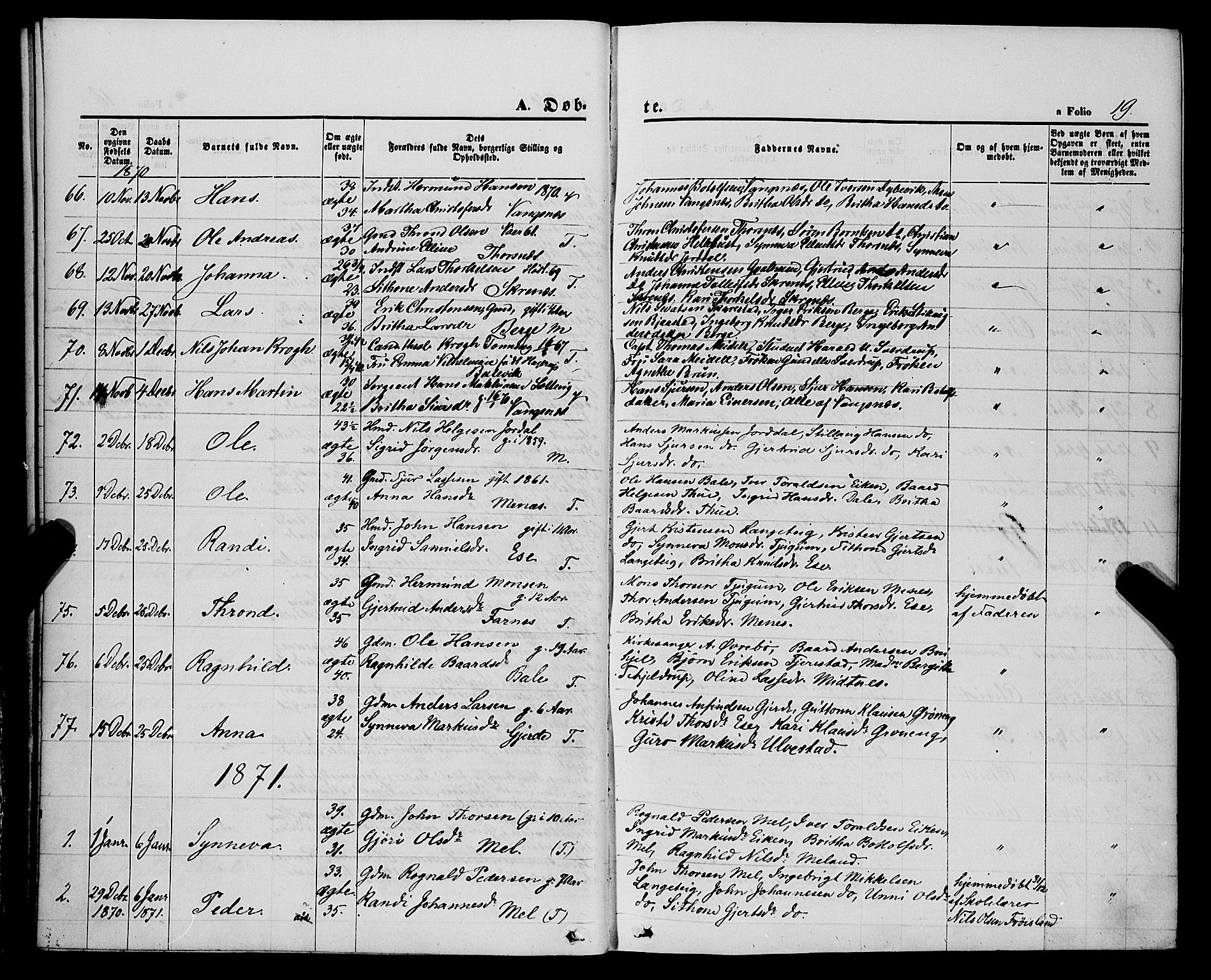 Balestrand sokneprestembete, AV/SAB-A-79601/H/Haa/Haaa/L0003: Parish register (official) no. A 3, 1867-1878, p. 19