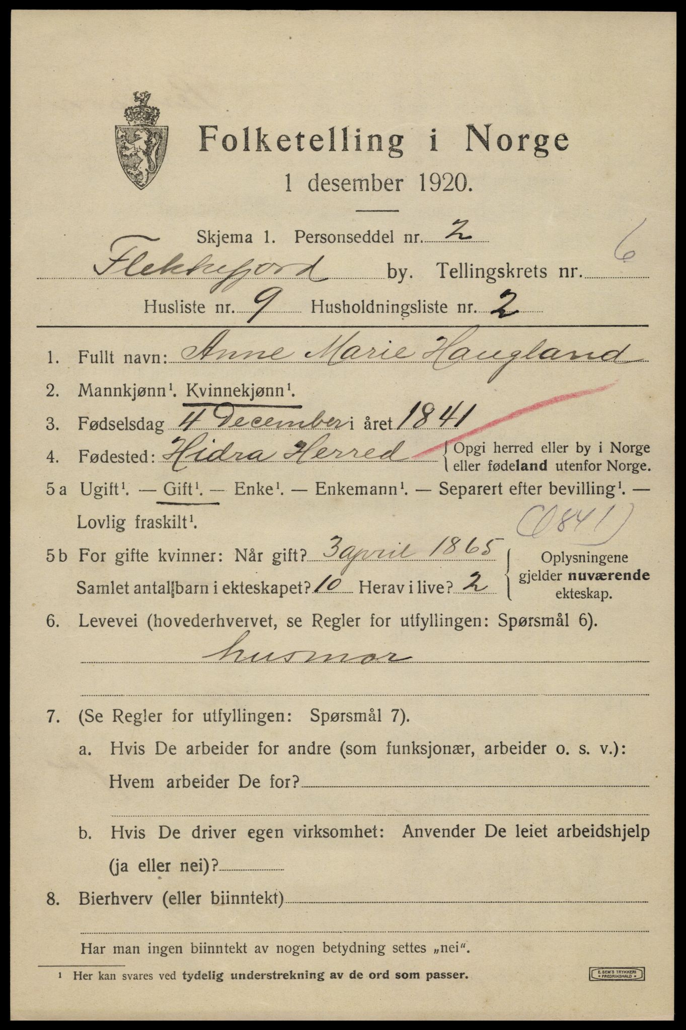 SAK, 1920 census for Flekkefjord, 1920, p. 5848
