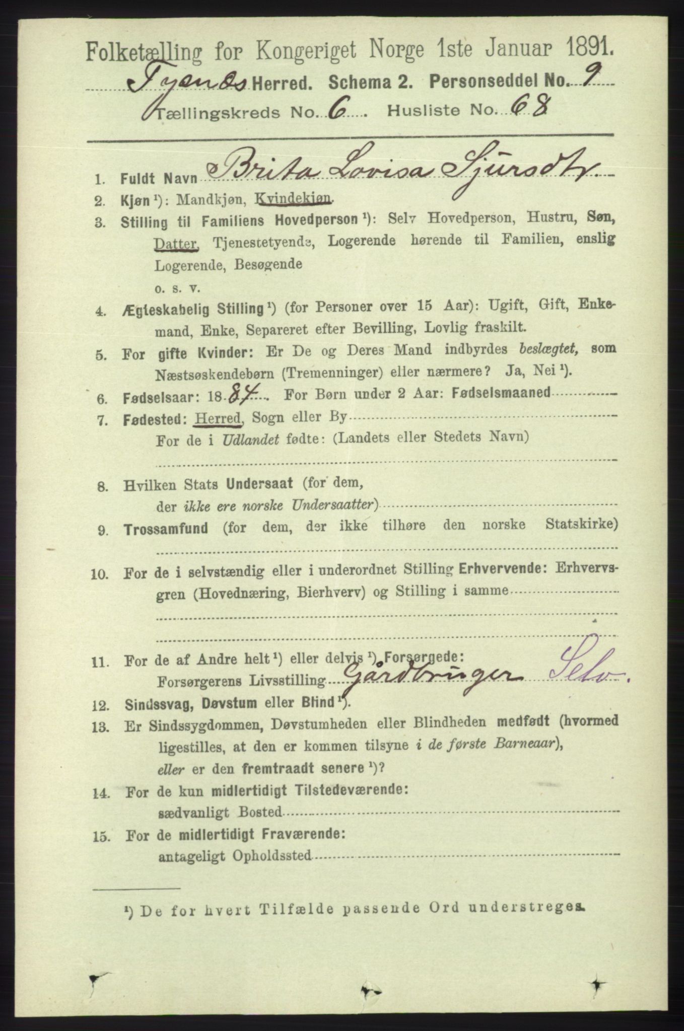 RA, 1891 census for 1223 Tysnes, 1891, p. 2757