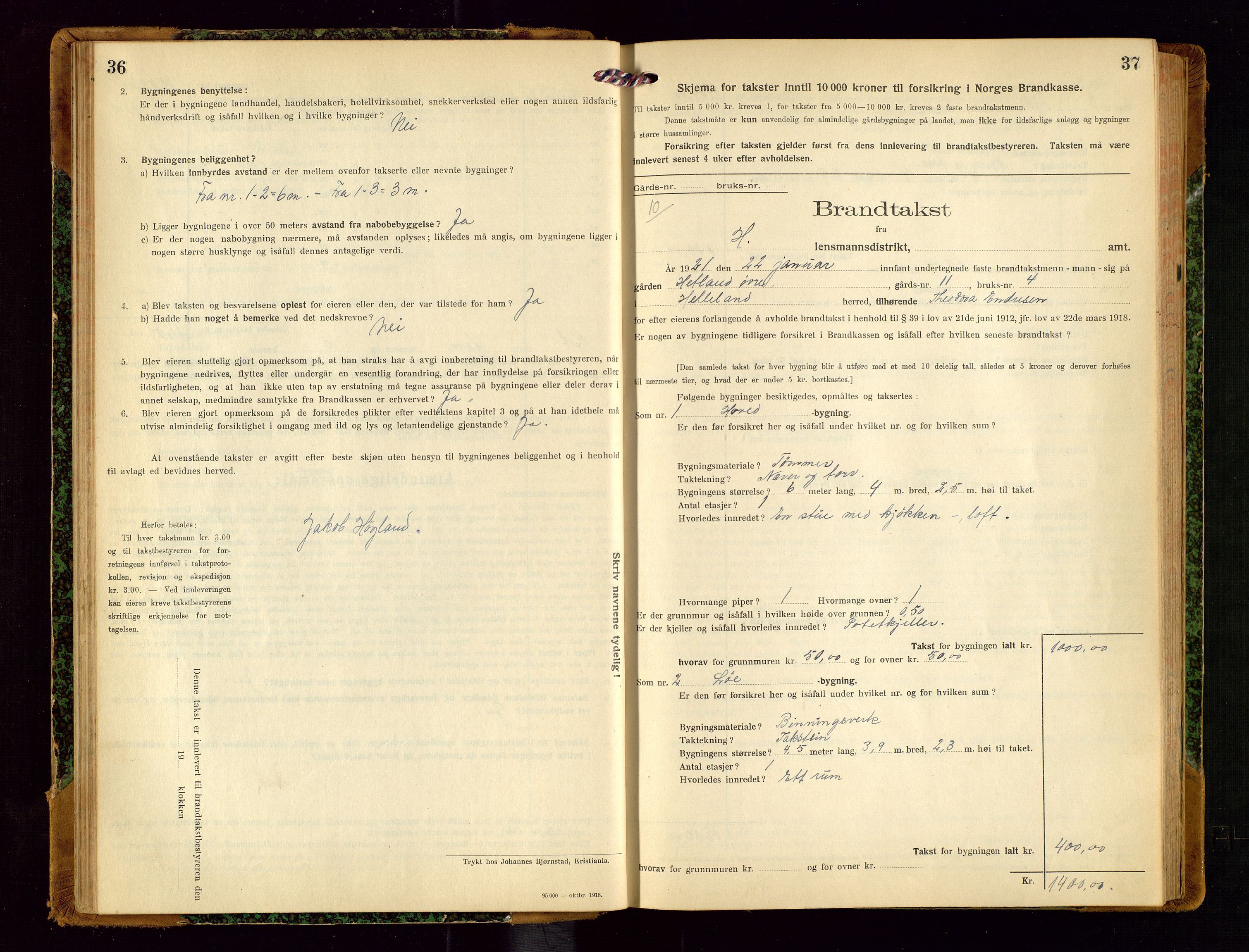 Helleland lensmannskontor, AV/SAST-A-100209/Gob/L0002: "Brandtakstprotokoll", 1921-1930, p. 36-37