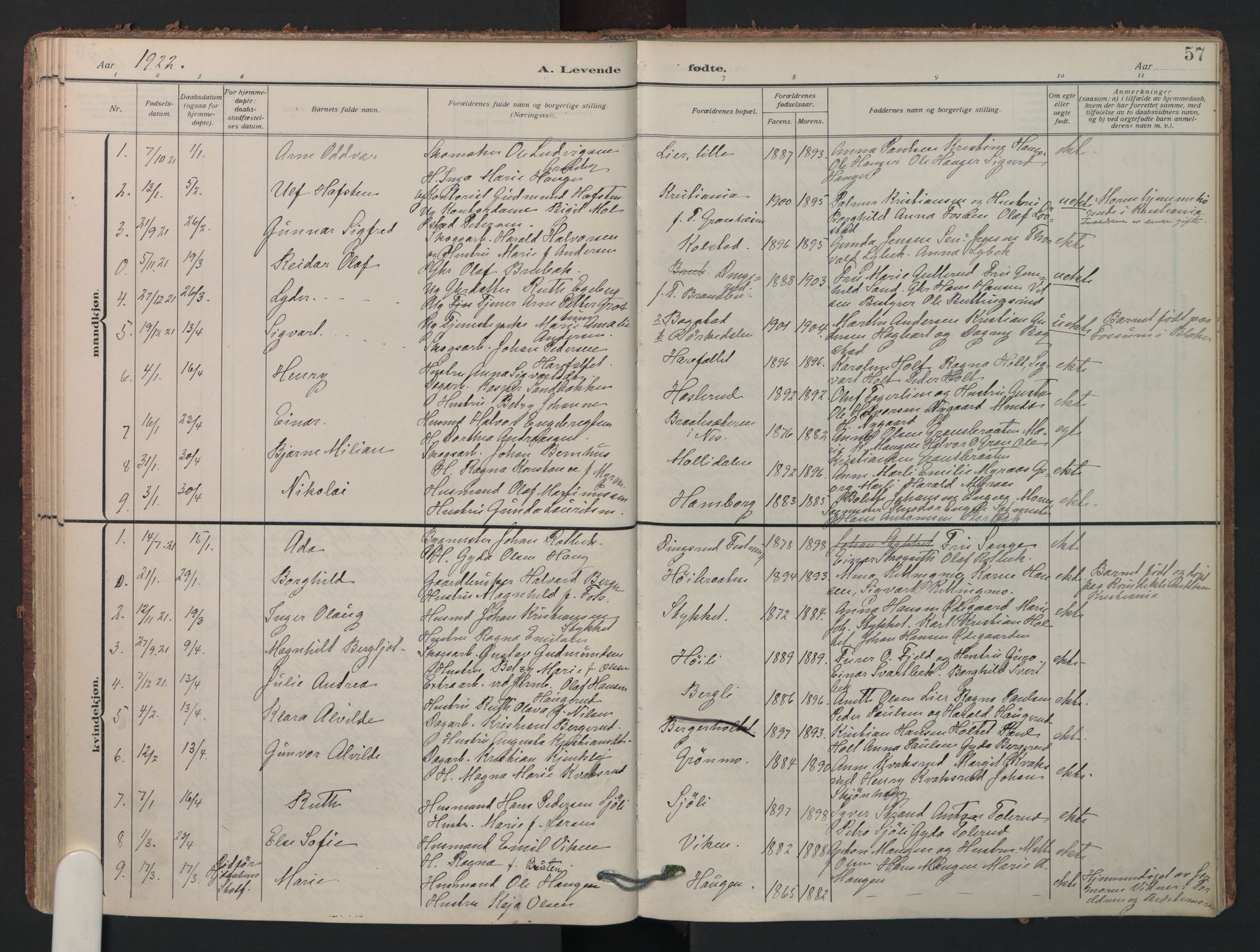 Aurskog prestekontor Kirkebøker, SAO/A-10304a/F/Fa/L0014: Parish register (official) no. I 14, 1911-1926, p. 57