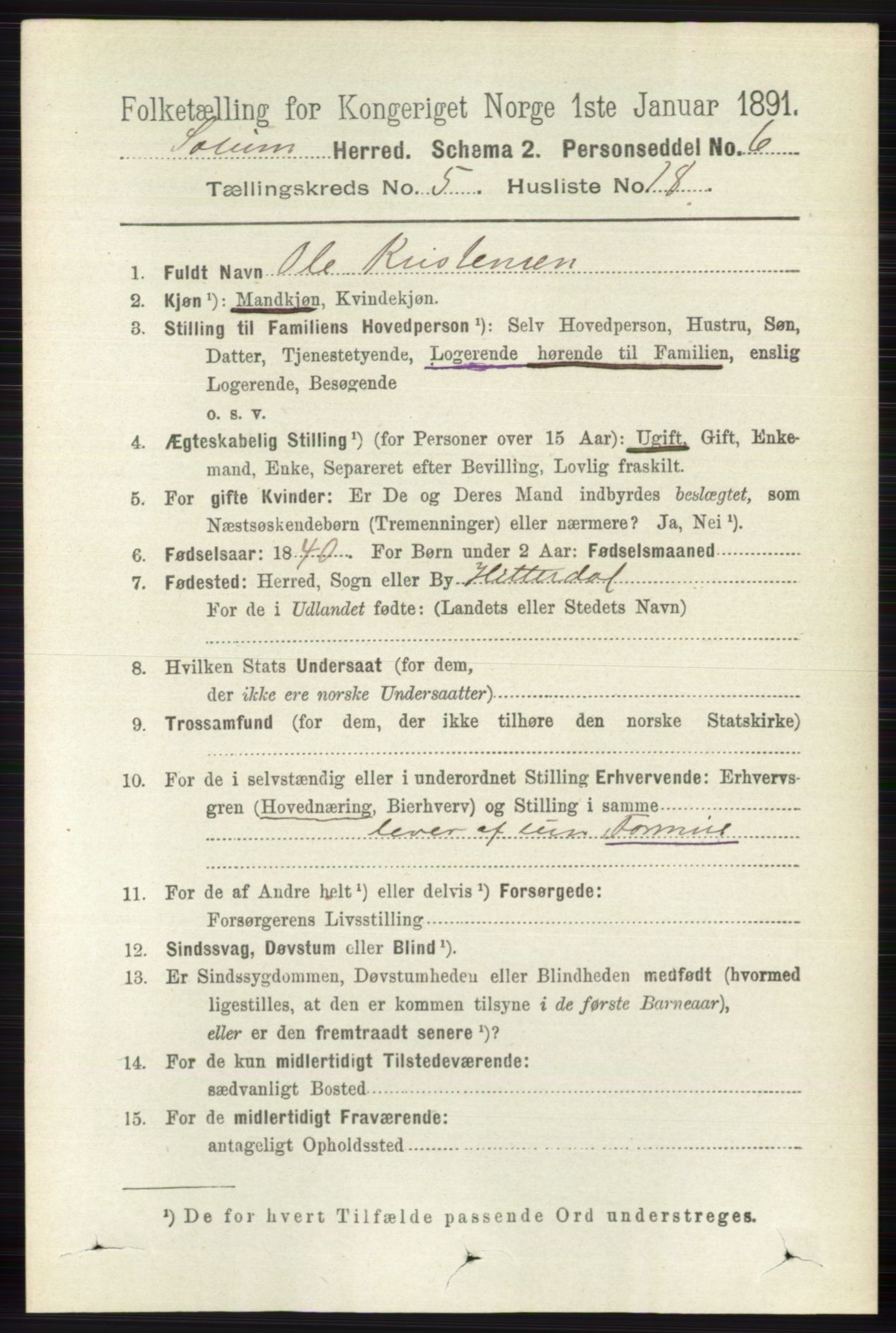 RA, 1891 census for 0818 Solum, 1891, p. 946