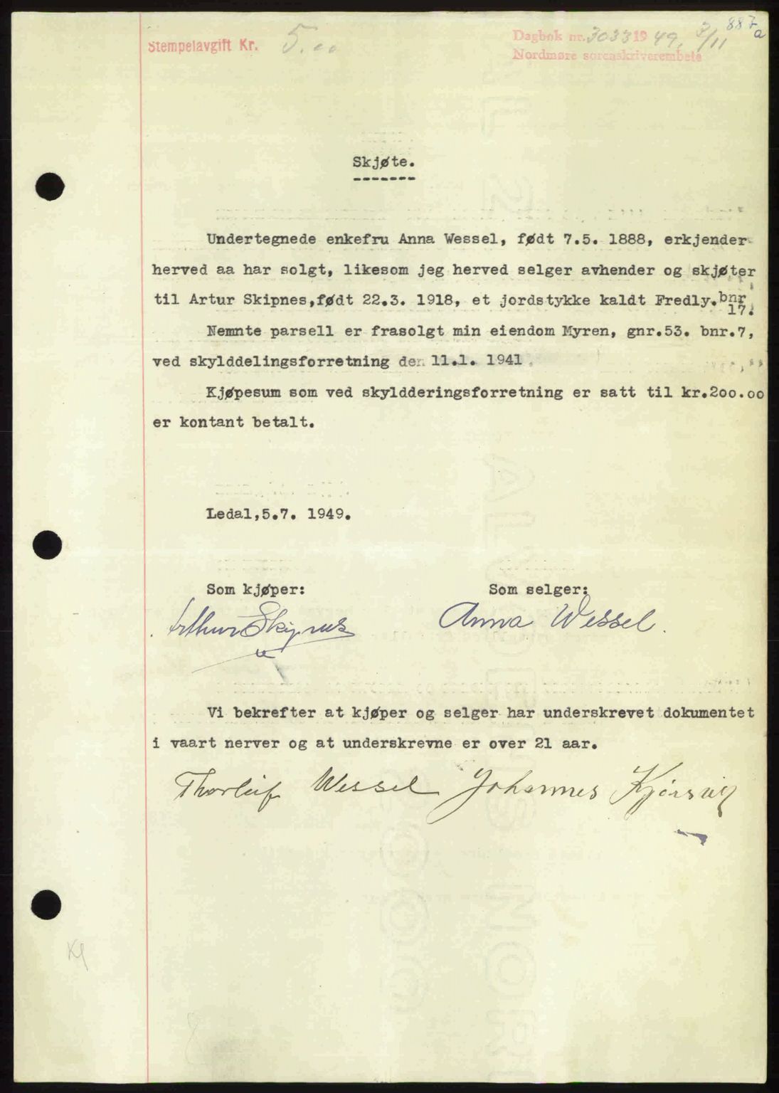 Nordmøre sorenskriveri, AV/SAT-A-4132/1/2/2Ca: Mortgage book no. A112, 1949-1949, Diary no: : 3033/1949