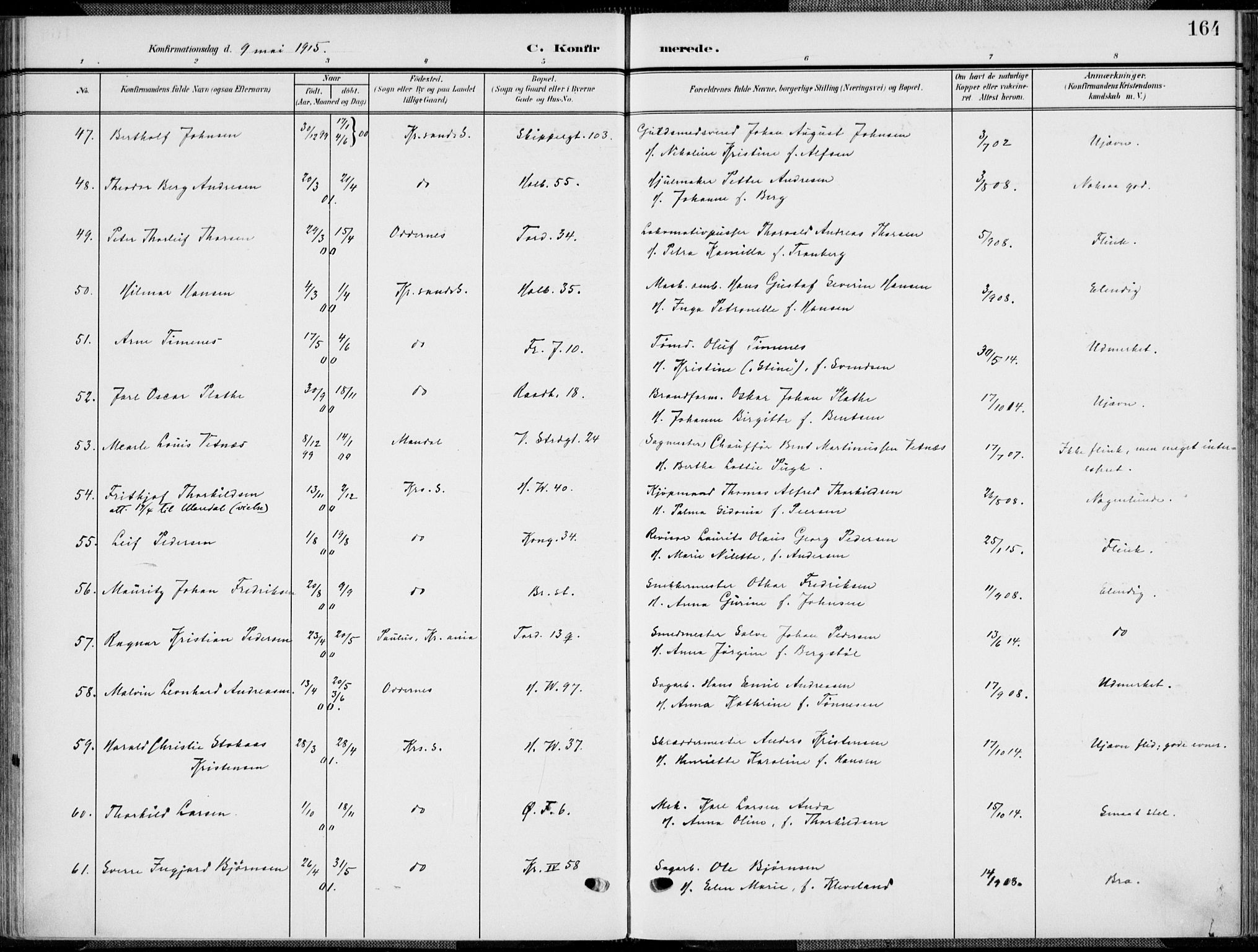 Kristiansand domprosti, AV/SAK-1112-0006/F/Fa/L0022: Parish register (official) no. A 21, 1905-1916, p. 164