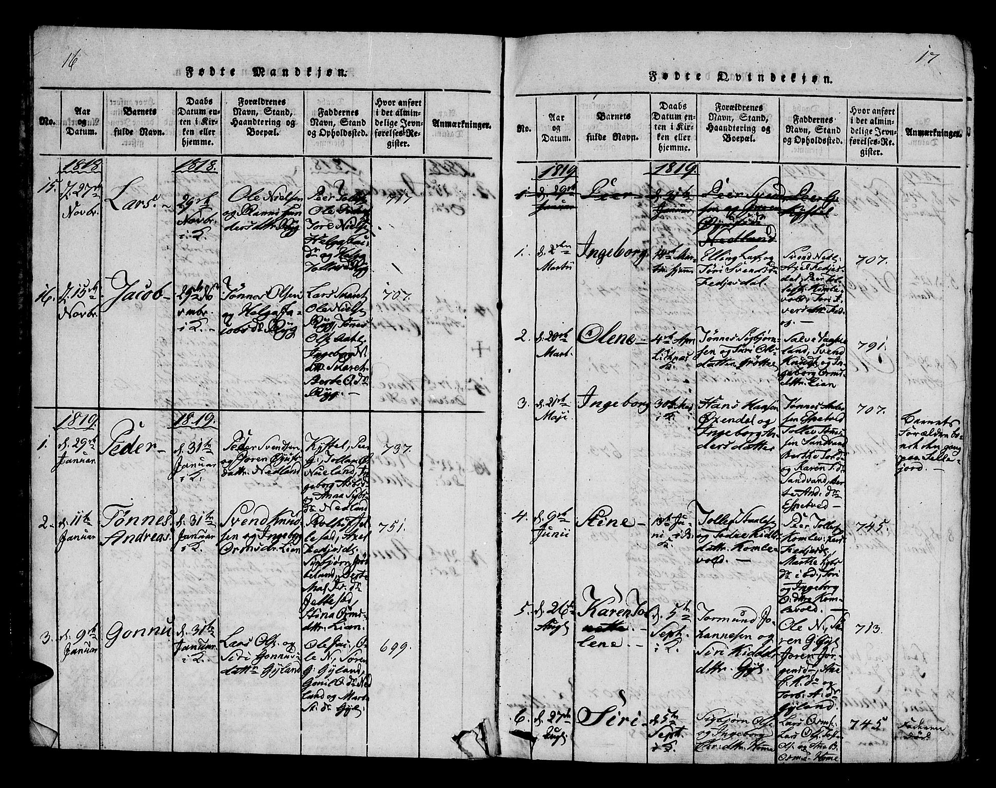 Bakke sokneprestkontor, SAK/1111-0002/F/Fa/Fab/L0001: Parish register (official) no. A 1, 1815-1835, p. 16-17