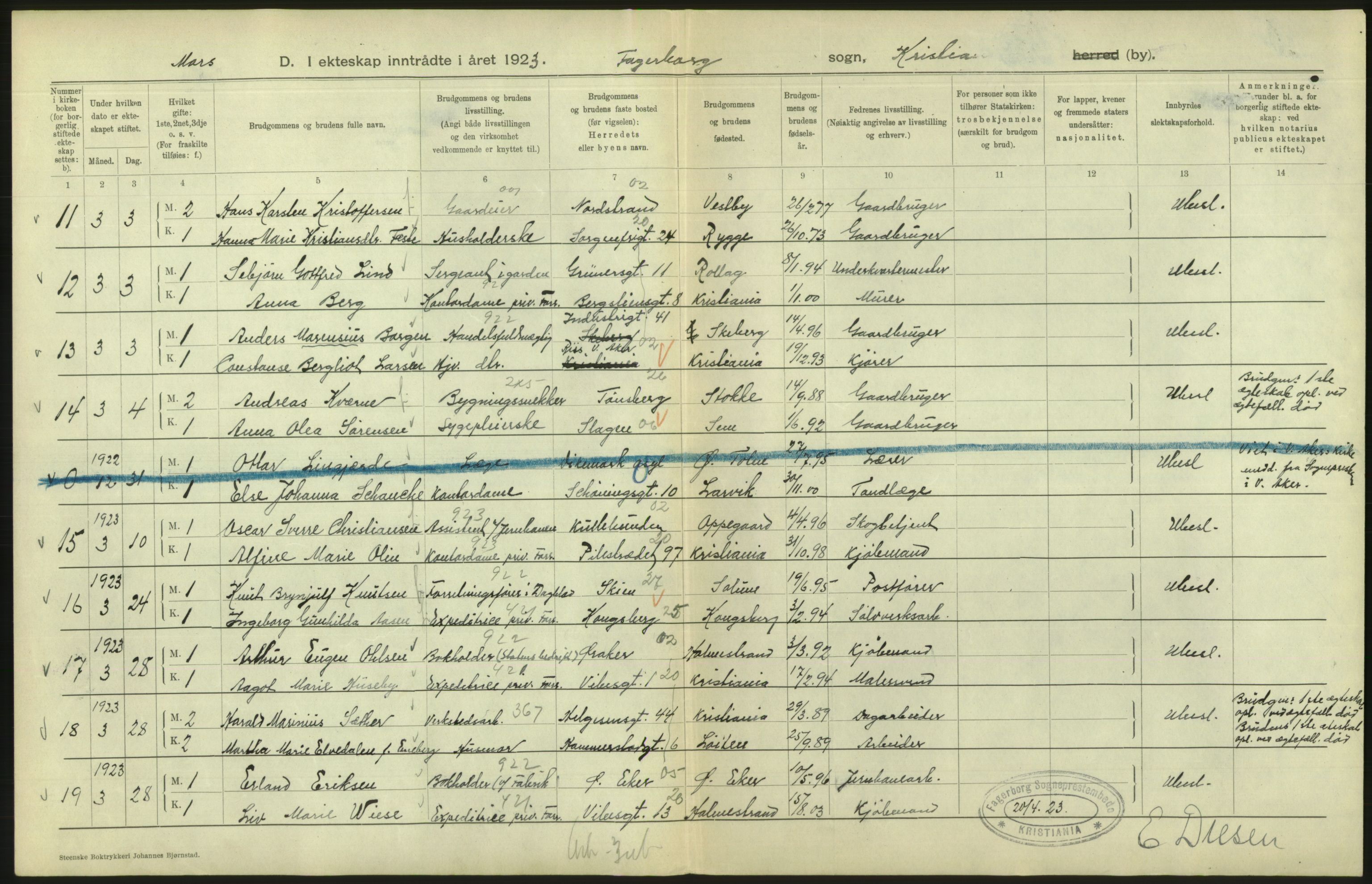 Statistisk sentralbyrå, Sosiodemografiske emner, Befolkning, AV/RA-S-2228/D/Df/Dfc/Dfcc/L0008: Kristiania: Gifte, 1923, p. 340