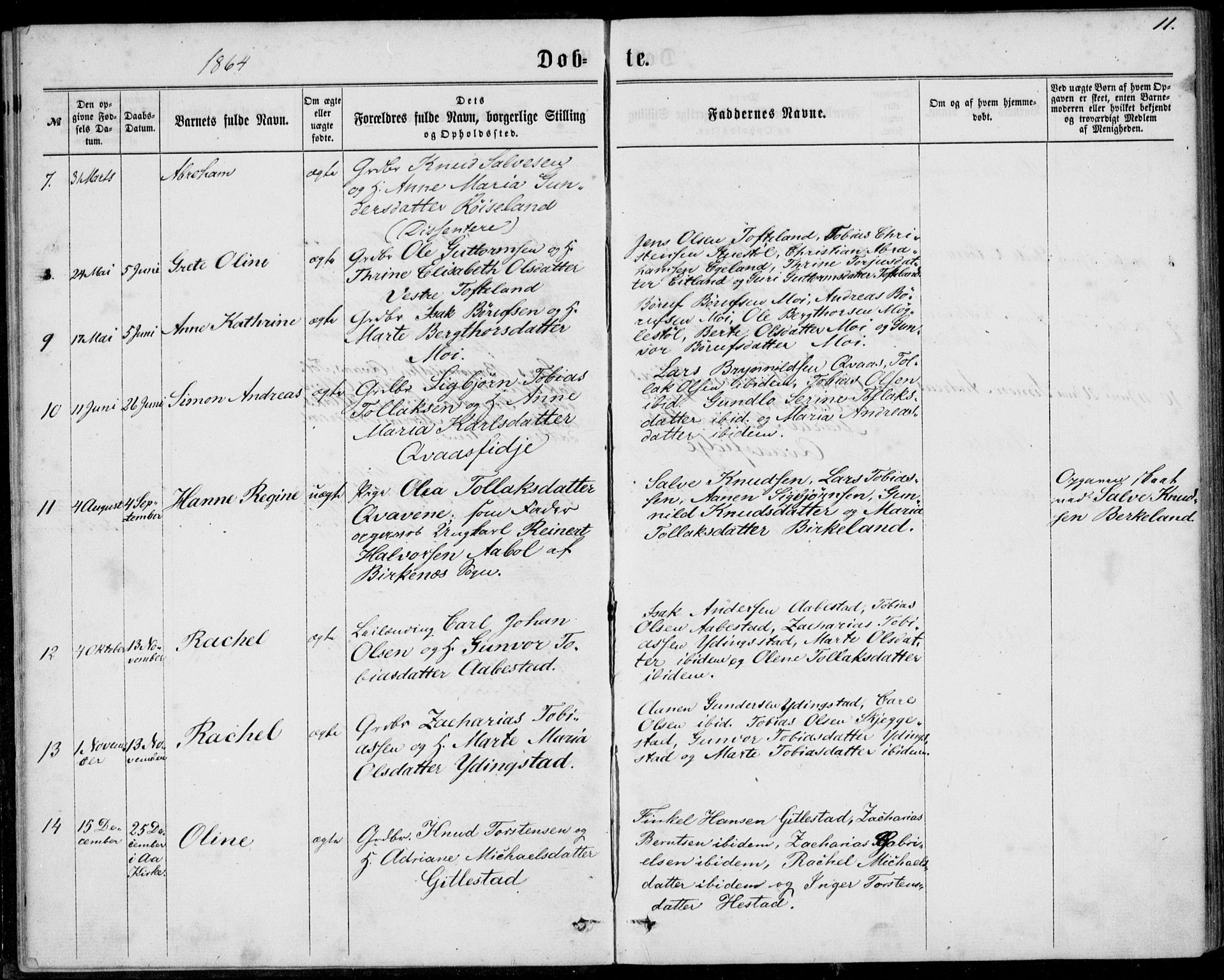 Lyngdal sokneprestkontor, SAK/1111-0029/F/Fa/Fab/L0002: Parish register (official) no. A 2, 1861-1878, p. 11