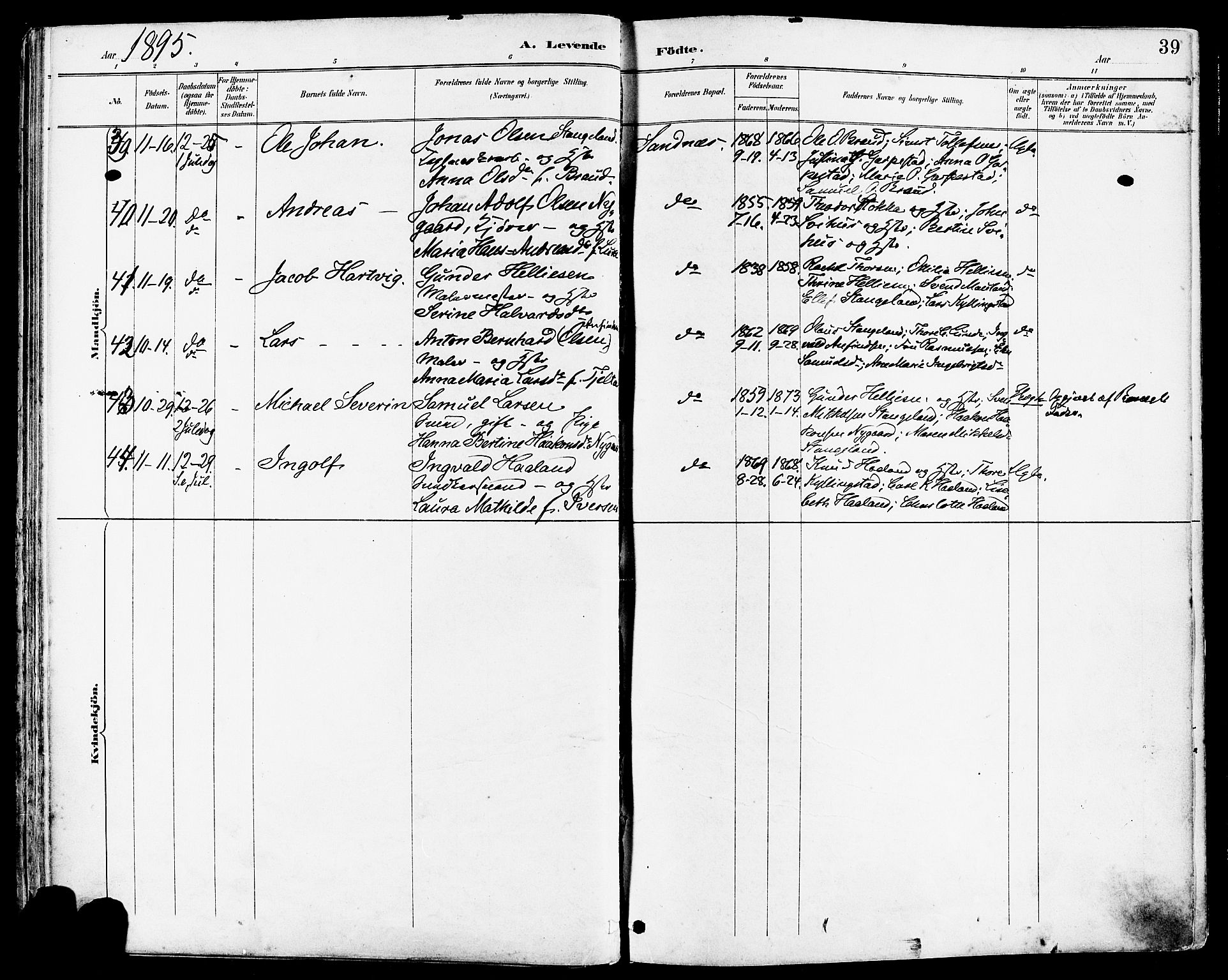 Høyland sokneprestkontor, AV/SAST-A-101799/001/30BA/L0014: Parish register (official) no. A 12, 1890-1898, p. 39