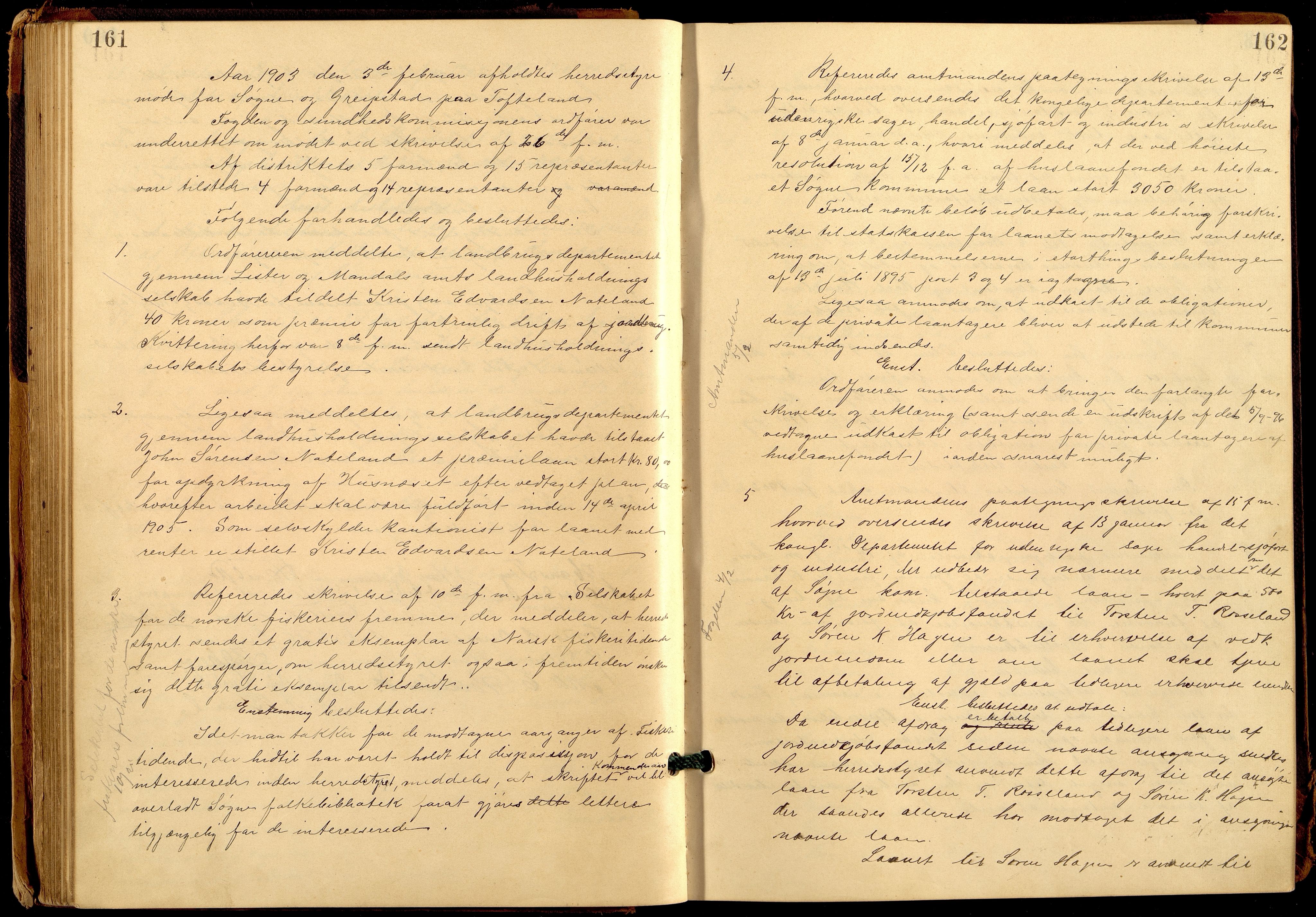 Søgne og Greipstad kommune - Formannskapet, ARKSOR/1018SG120/A/L0006: Møtebok (d), 1901-1909, p. 161-162