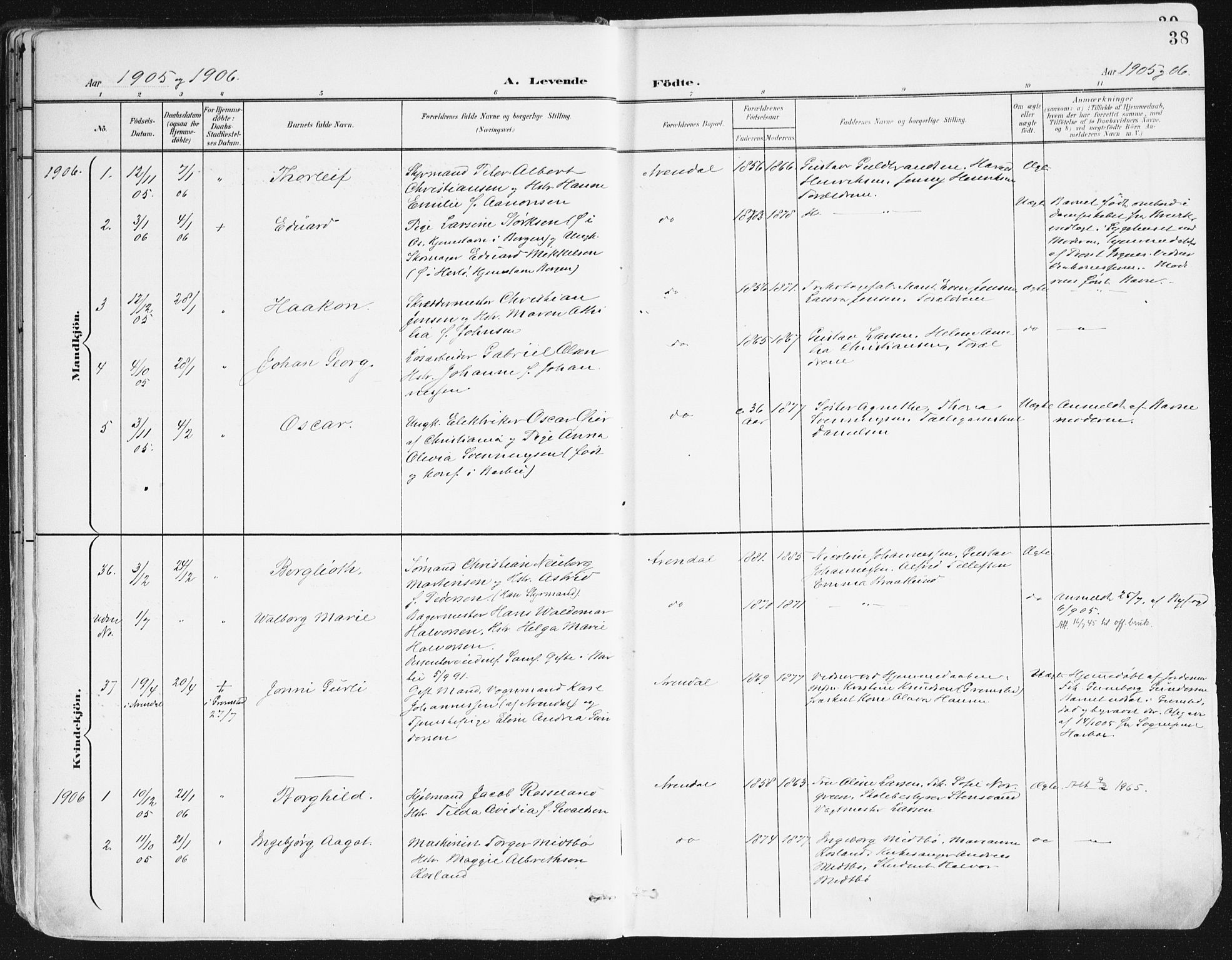 Arendal sokneprestkontor, Trefoldighet, SAK/1111-0040/F/Fa/L0010: Parish register (official) no. A 10, 1900-1919, p. 38