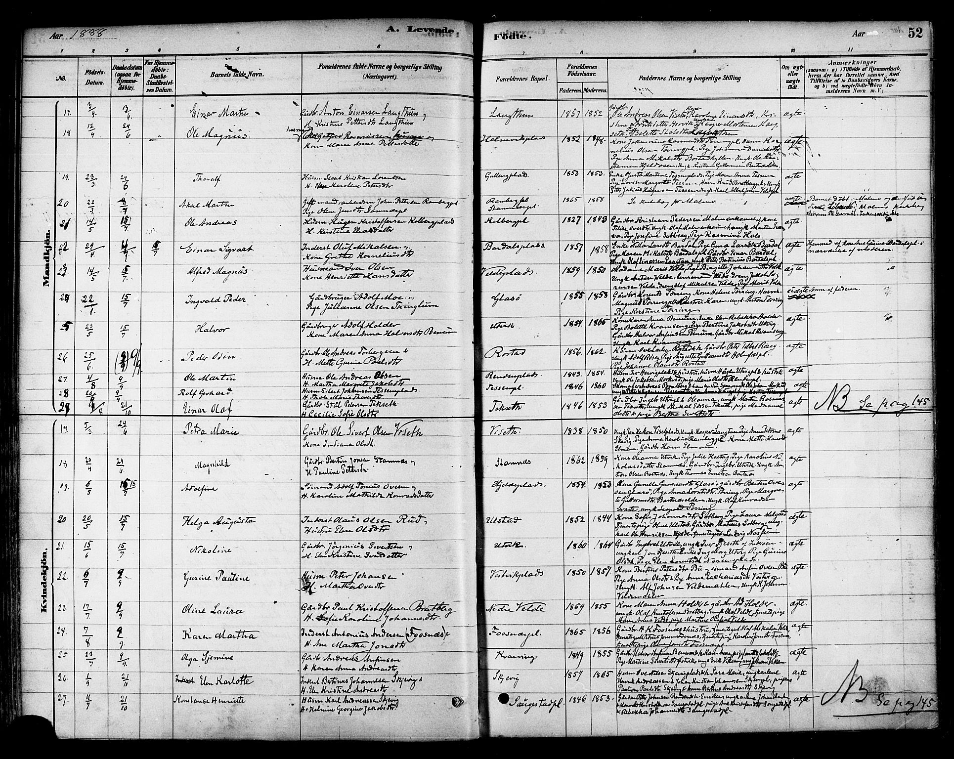Ministerialprotokoller, klokkerbøker og fødselsregistre - Nord-Trøndelag, SAT/A-1458/741/L0395: Parish register (official) no. 741A09, 1878-1888, p. 52