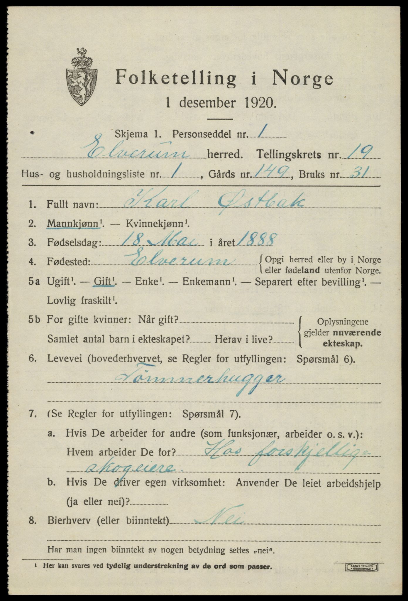 SAH, 1920 census for Elverum, 1920, p. 22538