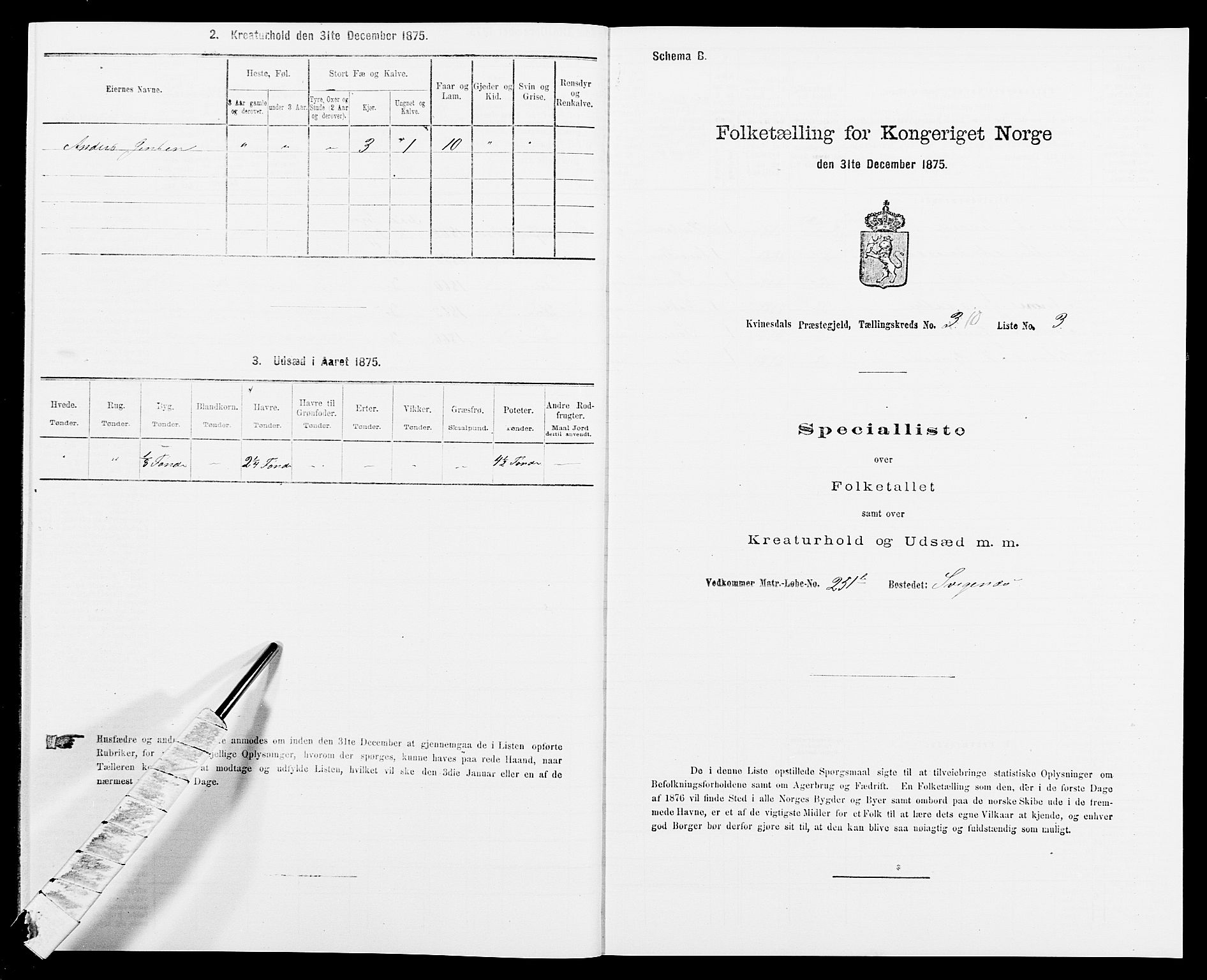 SAK, 1875 census for 1037P Kvinesdal, 1875, p. 1543