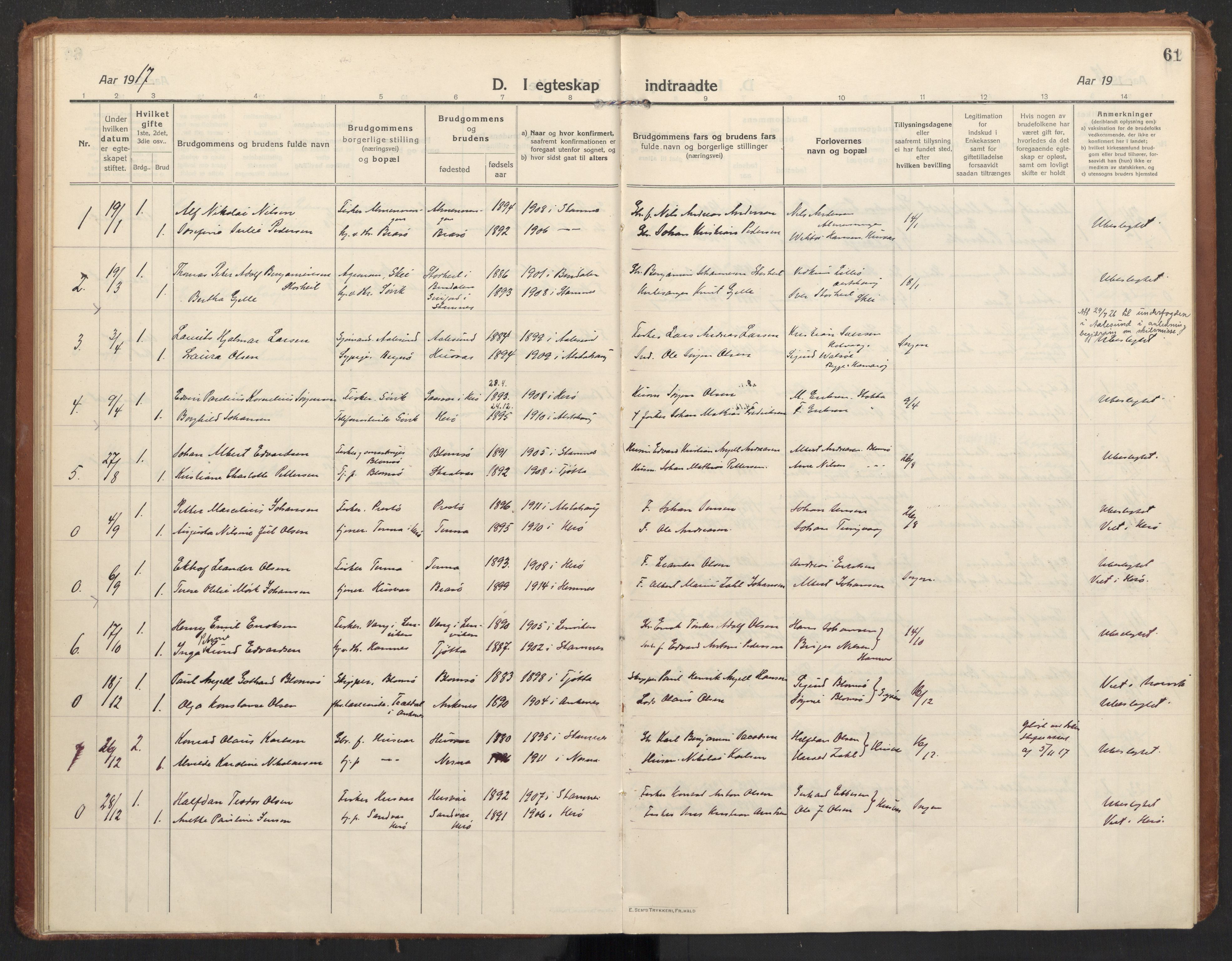 Ministerialprotokoller, klokkerbøker og fødselsregistre - Nordland, AV/SAT-A-1459/830/L0456: Parish register (official) no. 830A20, 1914-1937, p. 61