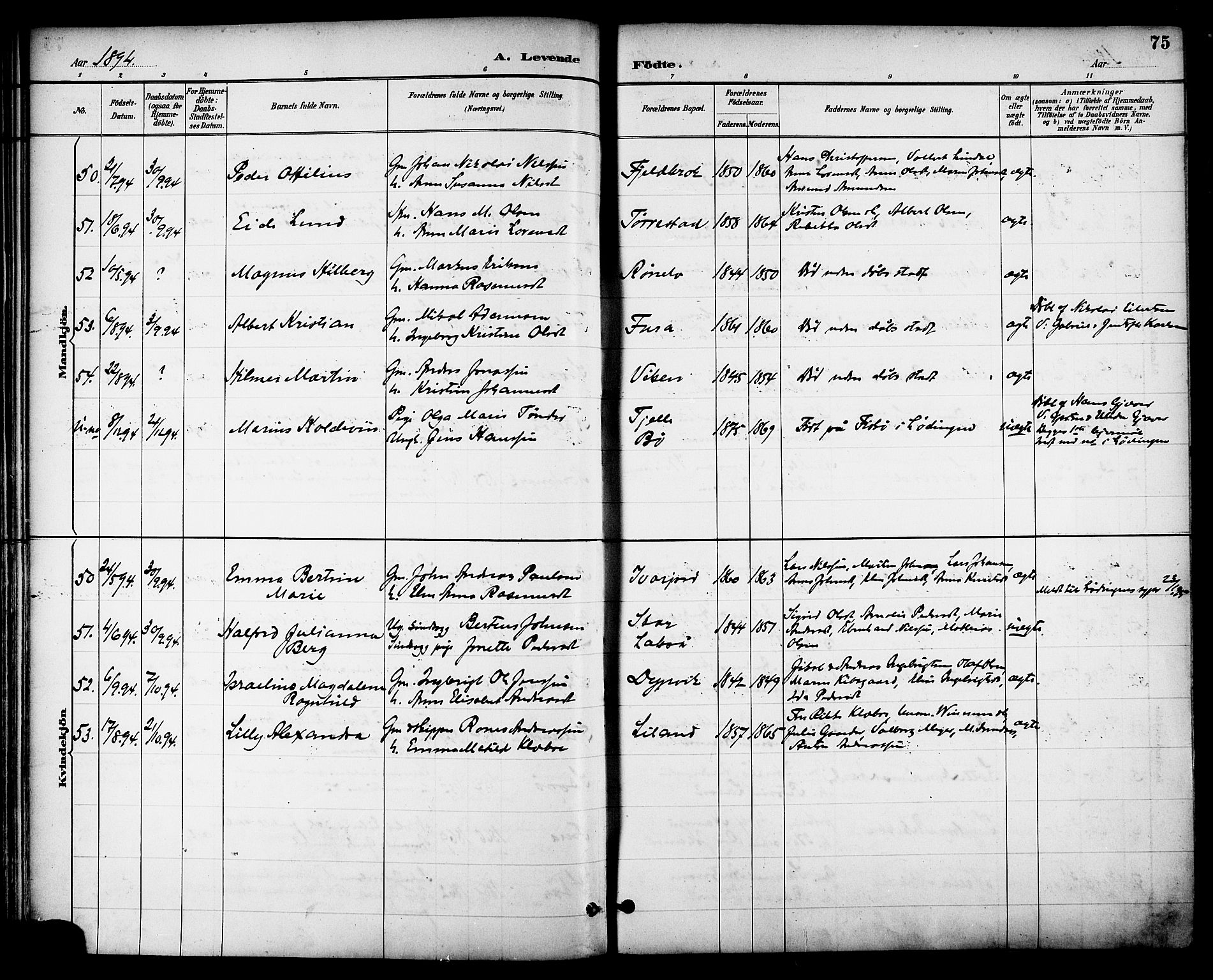 Ministerialprotokoller, klokkerbøker og fødselsregistre - Nordland, AV/SAT-A-1459/863/L0898: Parish register (official) no. 863A10, 1886-1897, p. 75