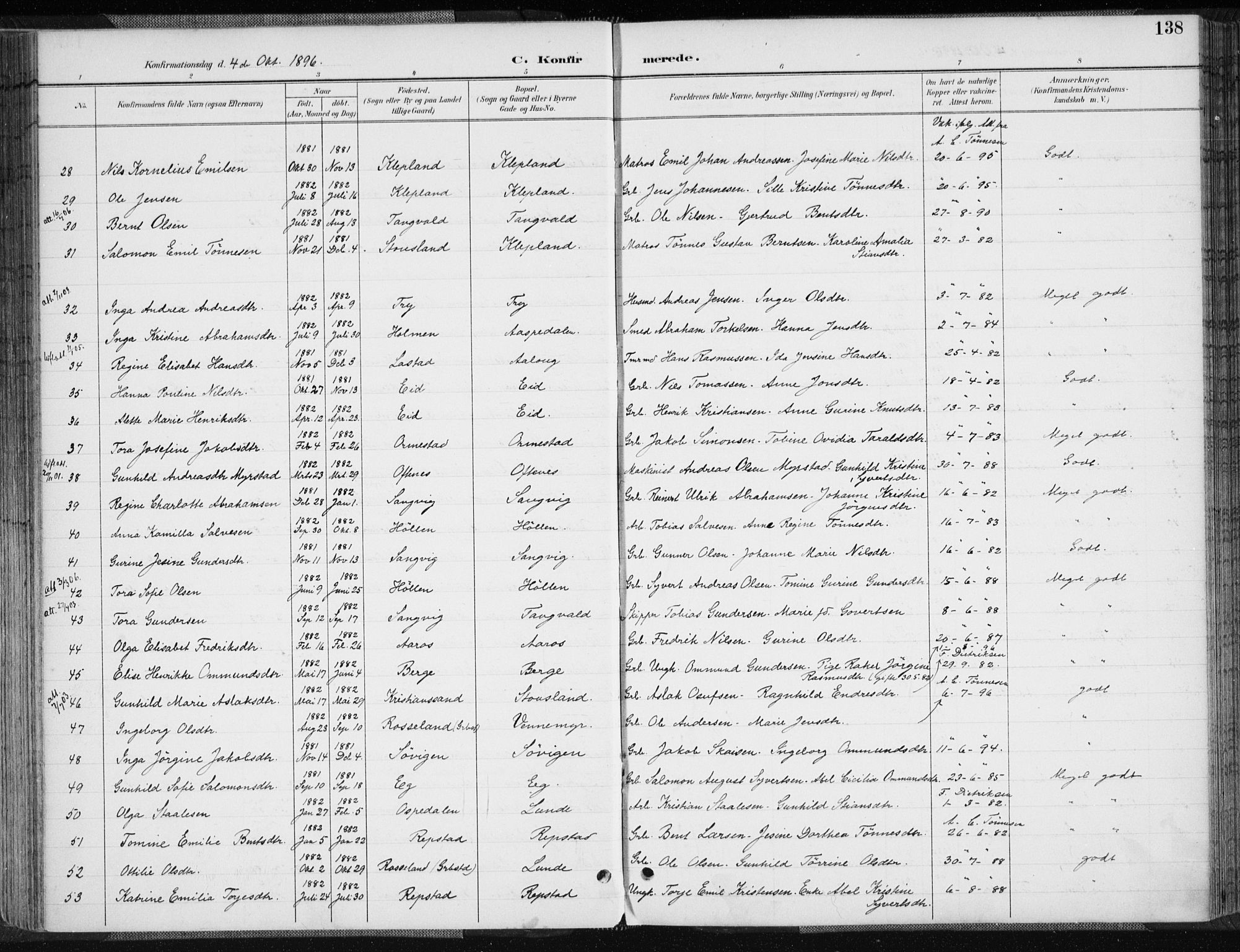 Søgne sokneprestkontor, SAK/1111-0037/F/Fa/Fab/L0013: Parish register (official) no. A 13, 1892-1911, p. 138