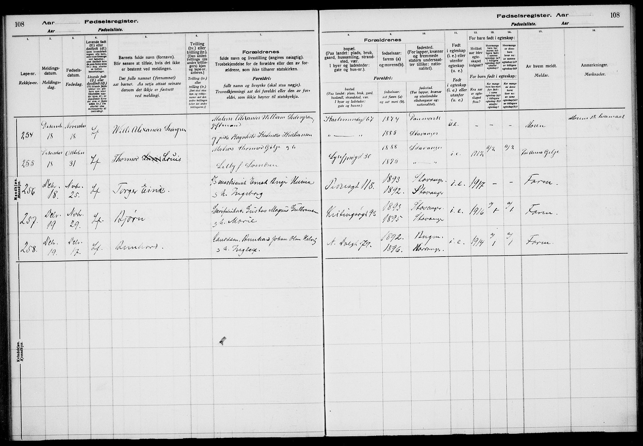 St. Johannes sokneprestkontor, AV/SAST-A-101814/002/A/L0001: Birth register no. 1, 1916-1919, p. 108