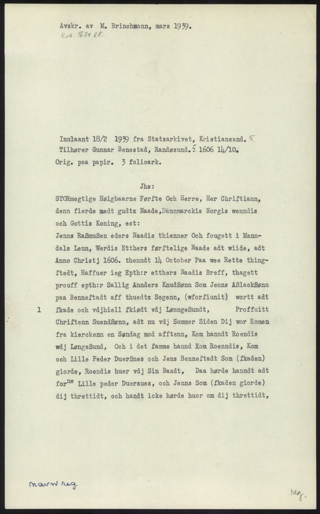 Samlinger til kildeutgivelse, Diplomavskriftsamlingen, RA/EA-4053/H/Ha, p. 605