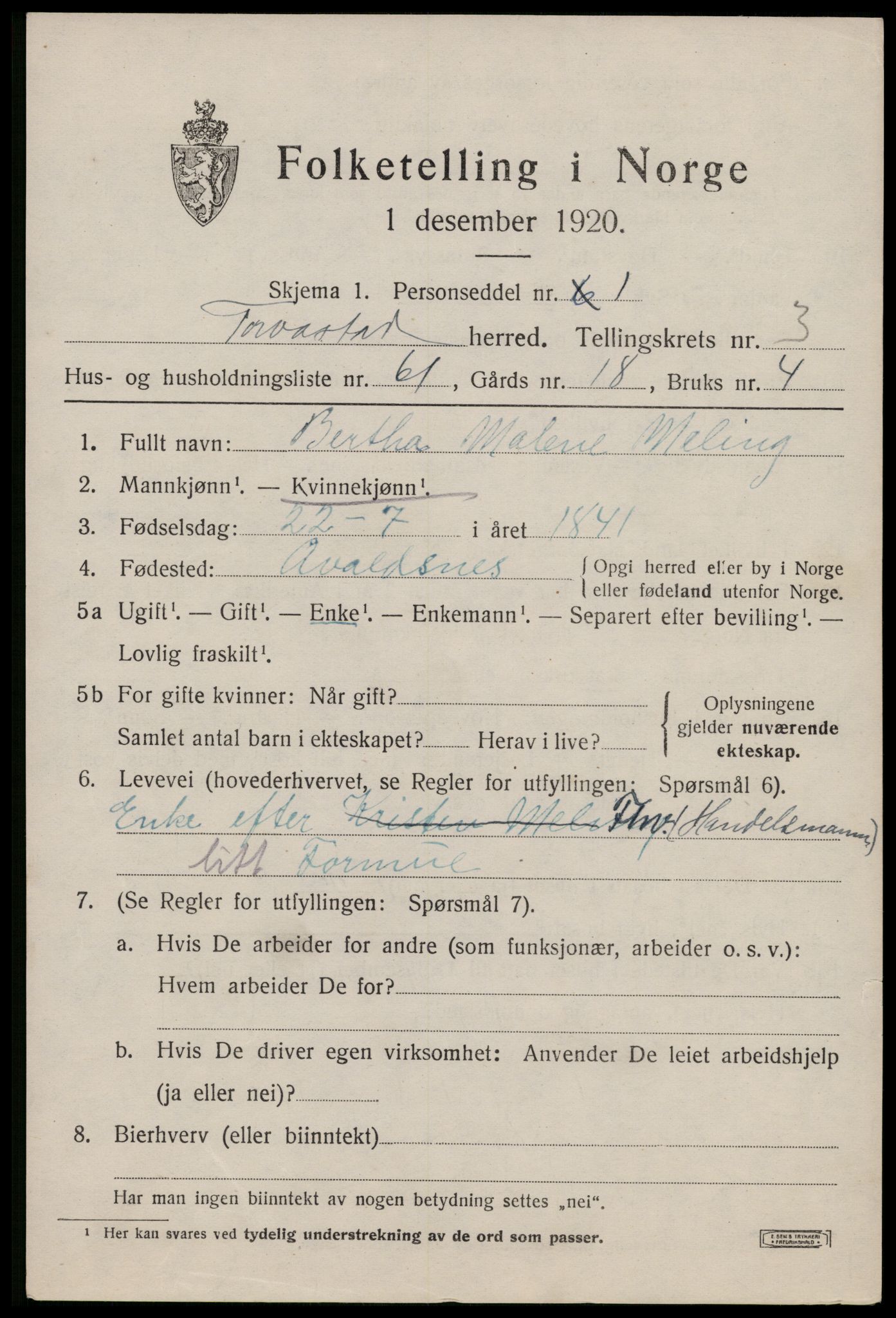 SAST, 1920 census for Torvastad, 1920, p. 3612