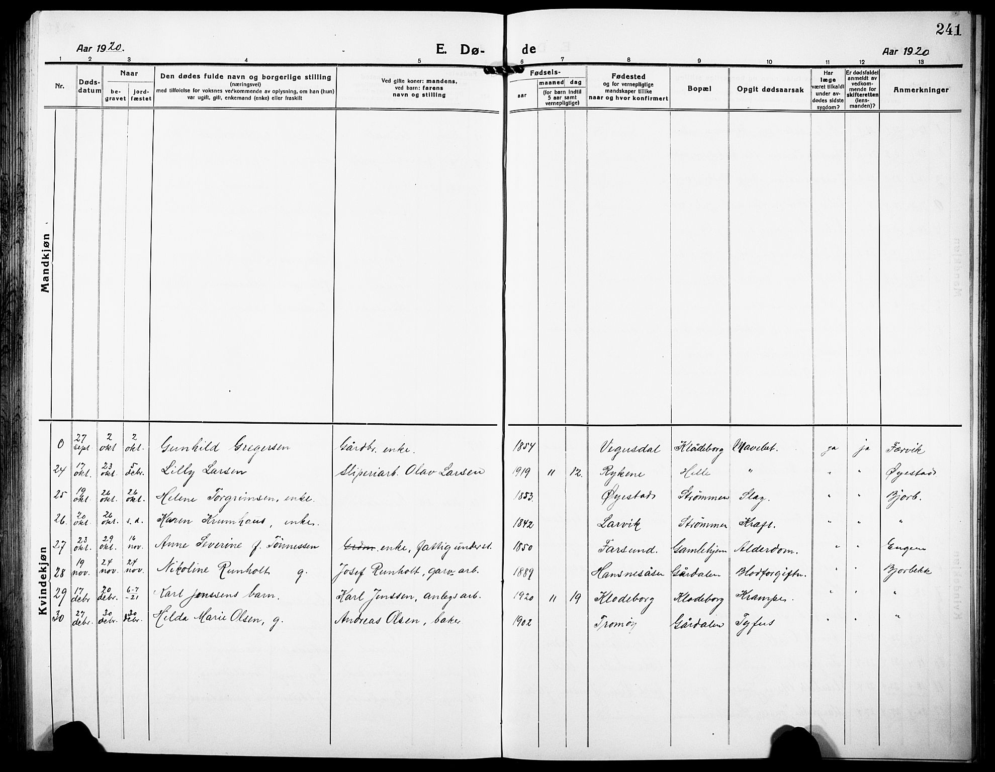 Øyestad sokneprestkontor, SAK/1111-0049/F/Fb/L0012: Parish register (copy) no. B 12, 1919-1932, p. 241