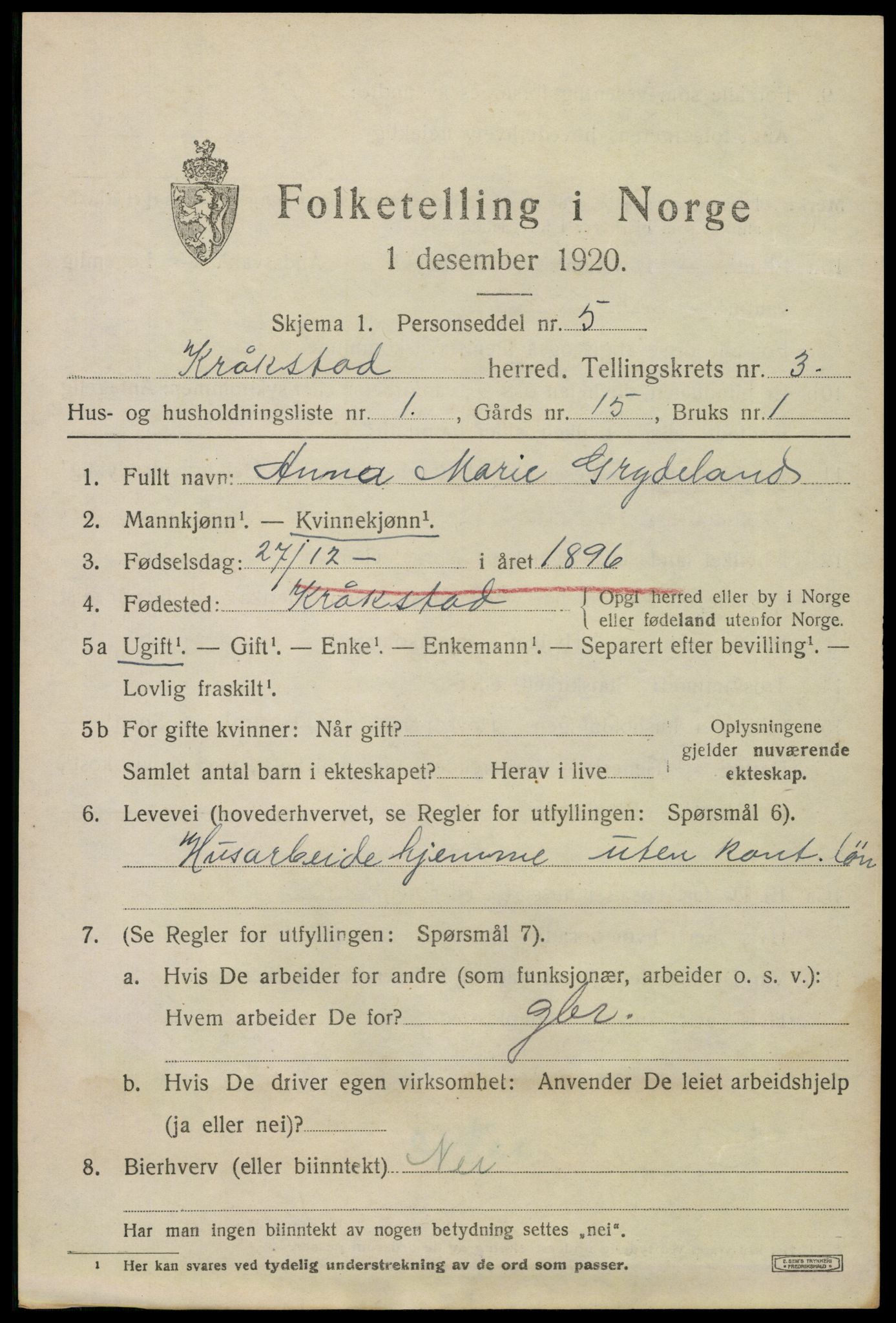 SAO, 1920 census for Kråkstad, 1920, p. 3365