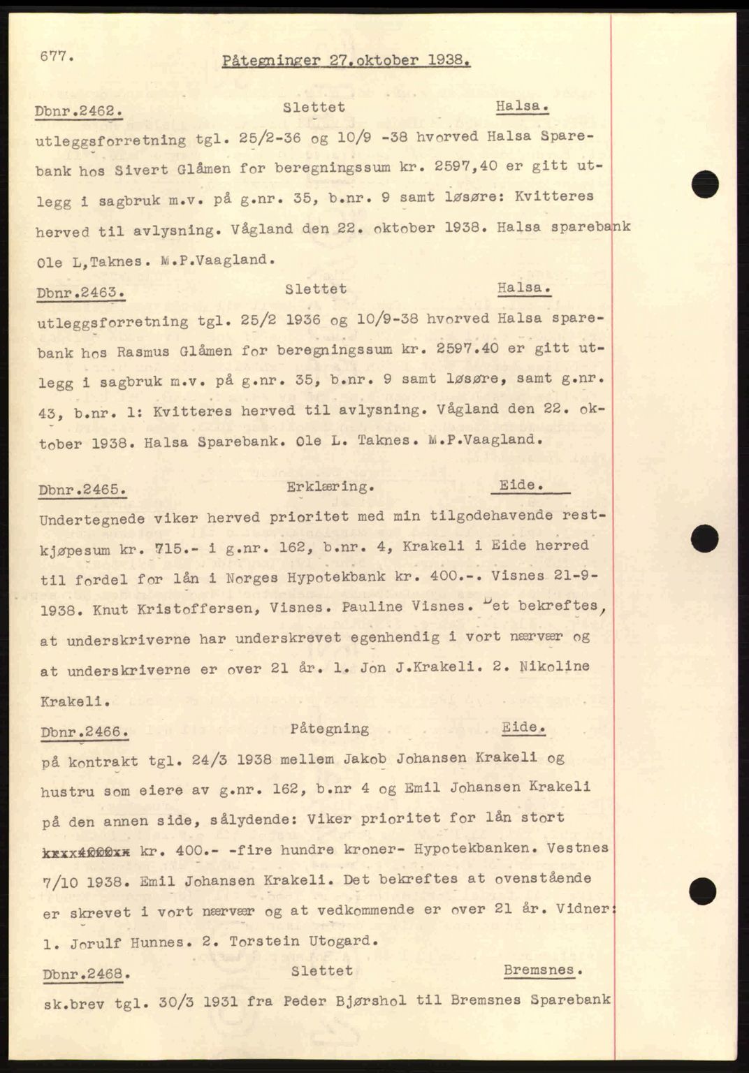 Nordmøre sorenskriveri, AV/SAT-A-4132/1/2/2Ca: Mortgage book no. C80, 1936-1939, Diary no: : 2462/1938