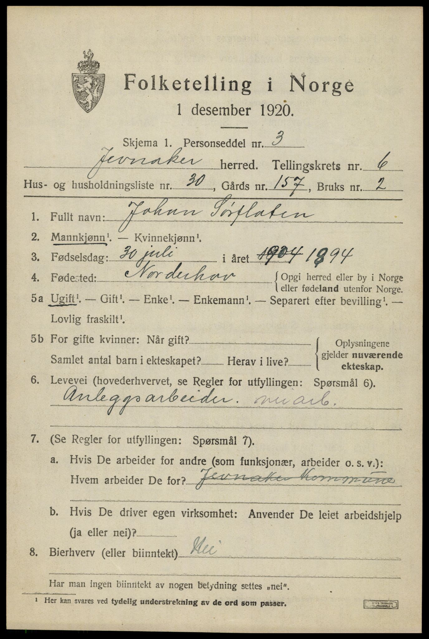 SAH, 1920 census for Jevnaker, 1920, p. 9157