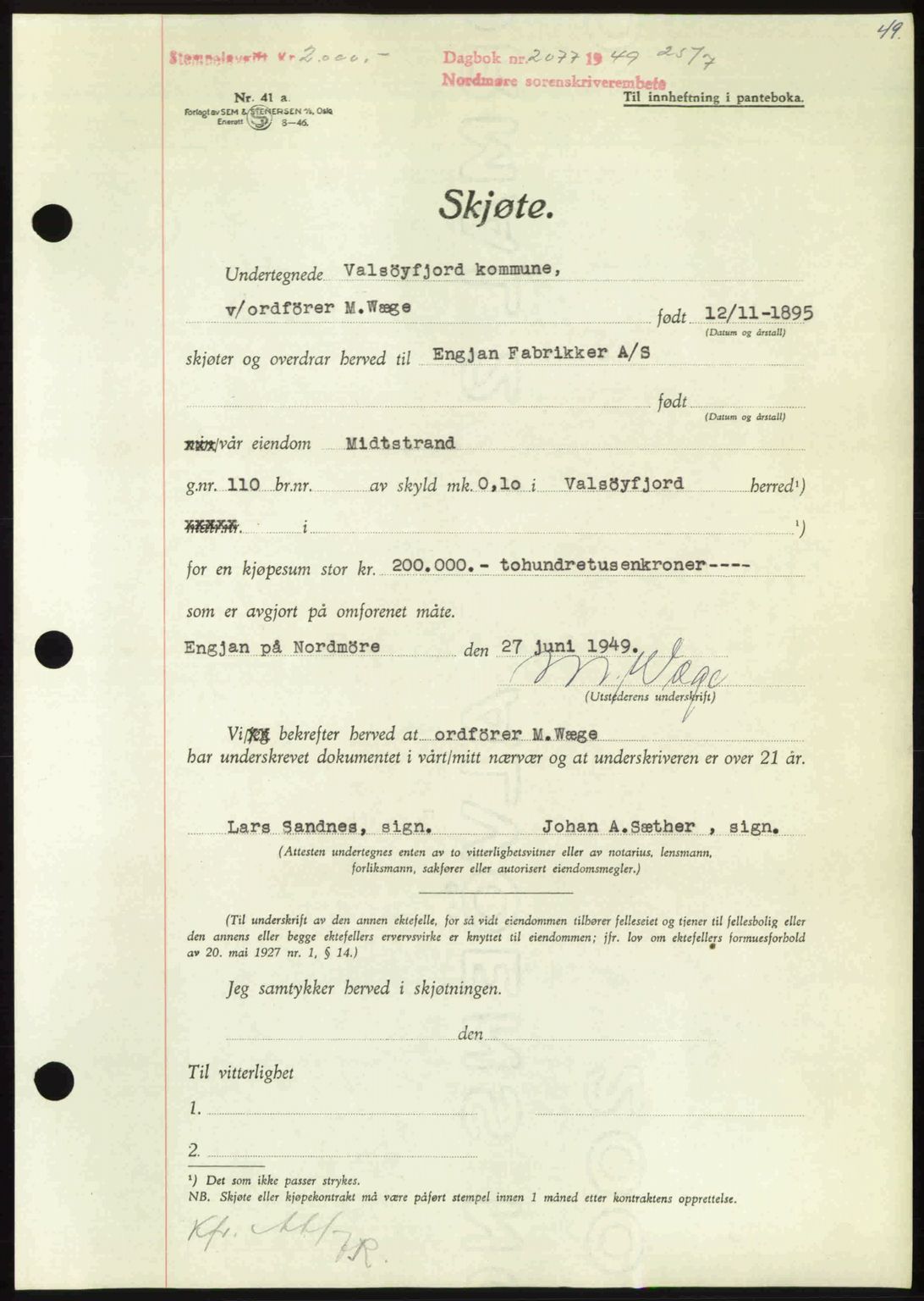 Nordmøre sorenskriveri, AV/SAT-A-4132/1/2/2Ca: Mortgage book no. A112, 1949-1949, Diary no: : 2077/1949