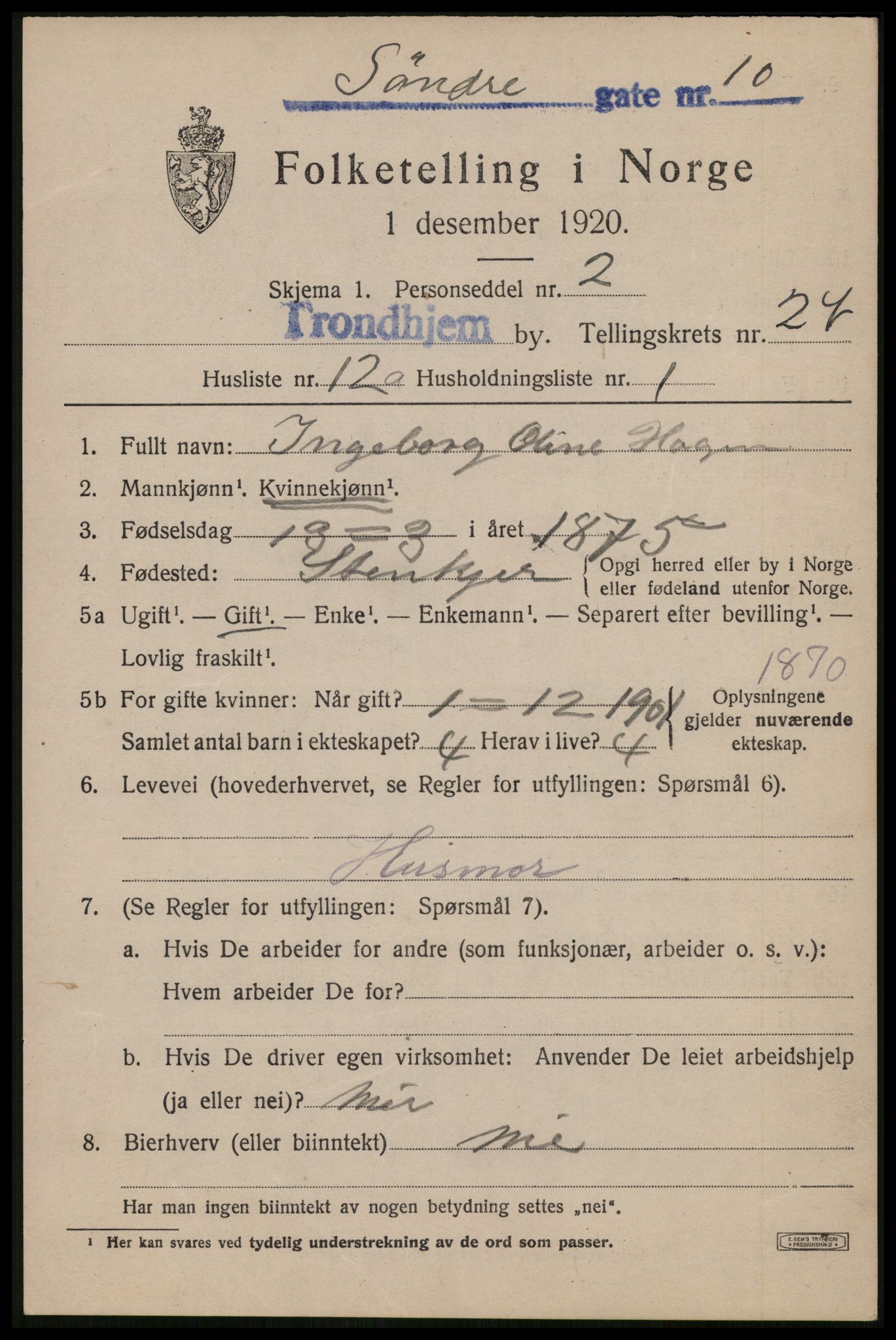 SAT, 1920 census for Trondheim, 1920, p. 70058