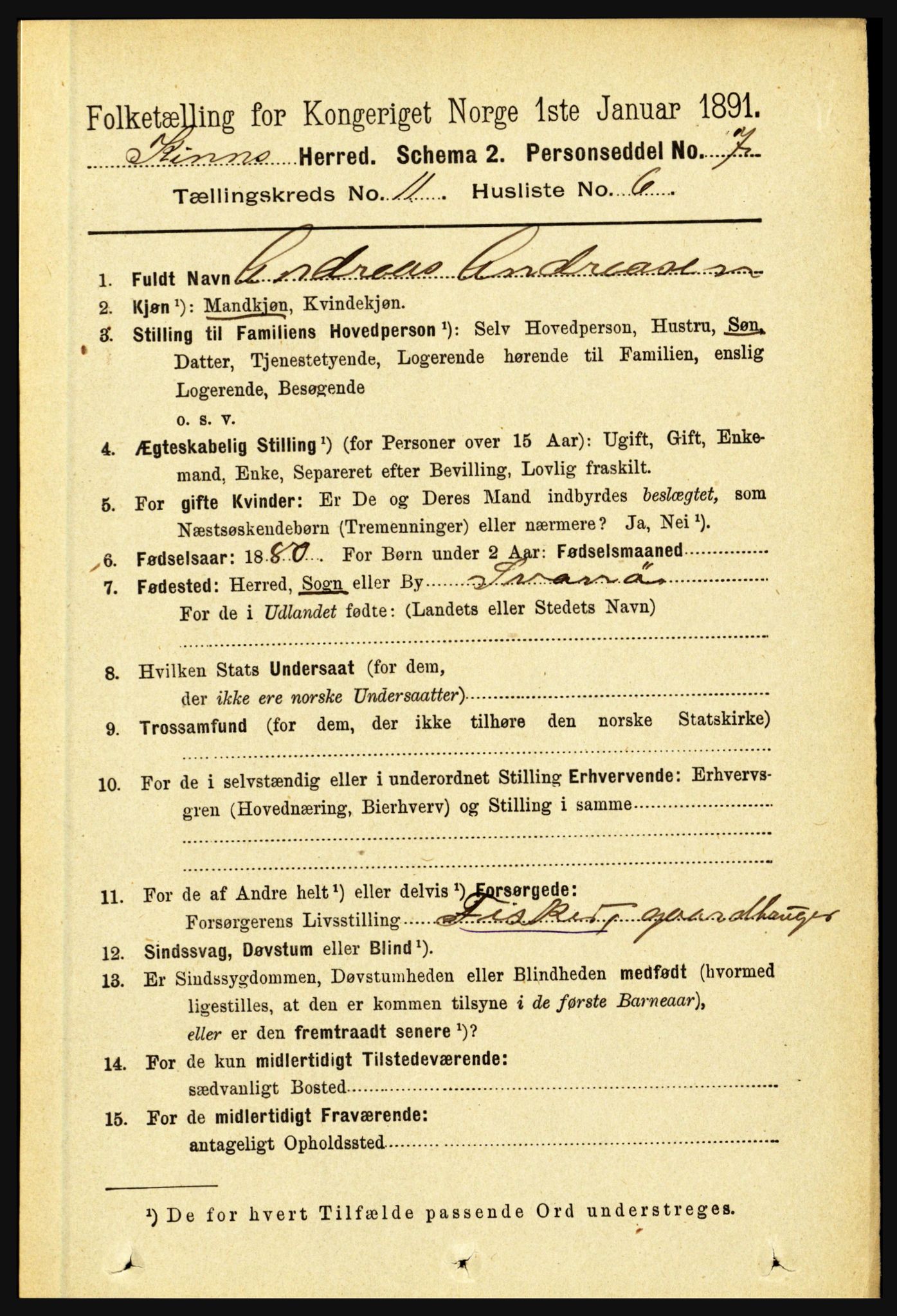 RA, 1891 census for 1437 Kinn, 1891, p. 4096