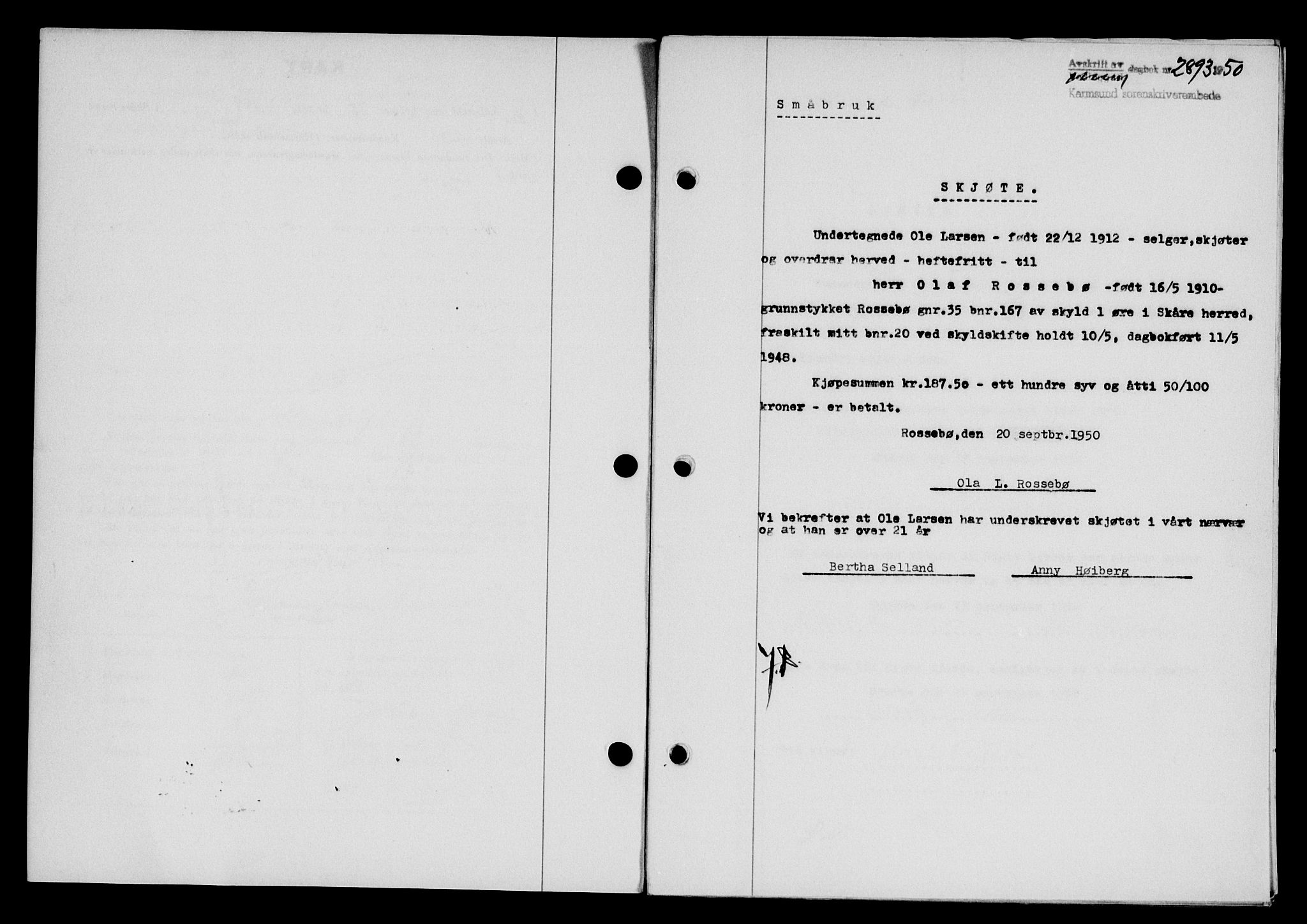 Karmsund sorenskriveri, SAST/A-100311/01/II/IIB/L0101: Mortgage book no. 81A, 1950-1951, Diary no: : 2893/1950