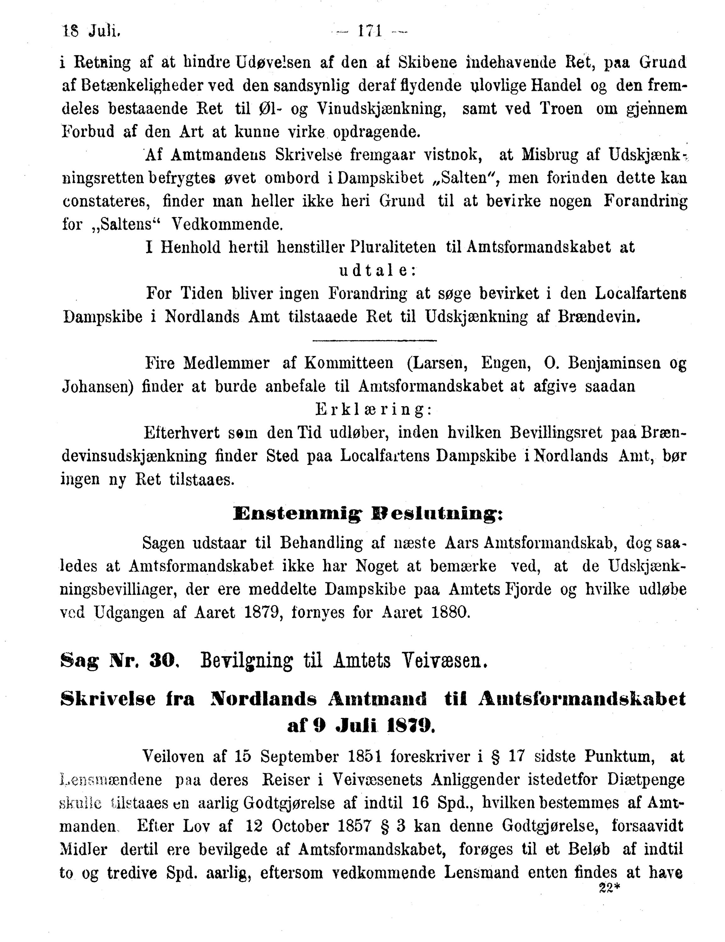 Nordland Fylkeskommune. Fylkestinget, AIN/NFK-17/176/A/Ac/L0010: Fylkestingsforhandlinger 1874-1880, 1874-1880