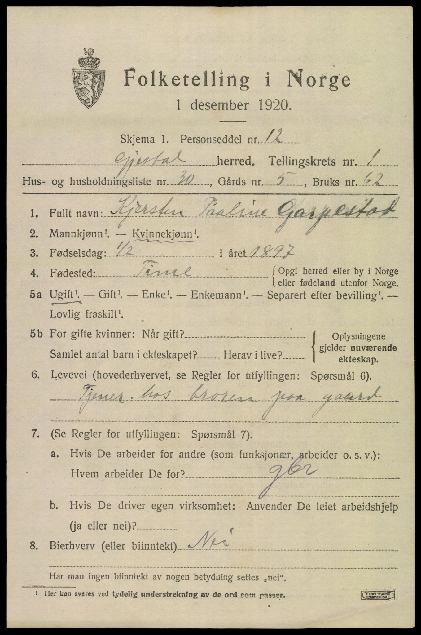 SAST, 1920 census for Gjesdal, 1920, p. 1032