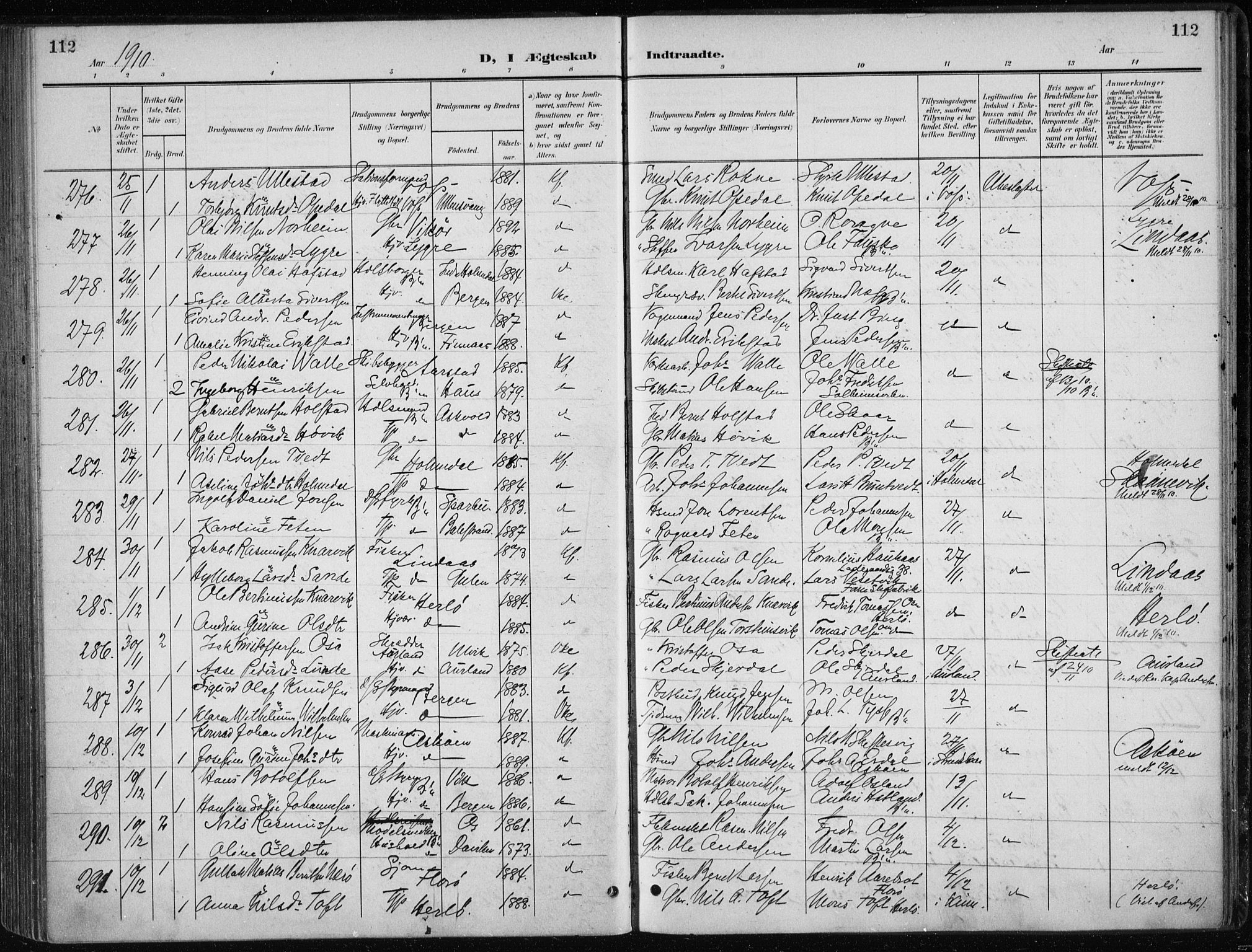 Nykirken Sokneprestembete, SAB/A-77101/H/Haa/L0035: Parish register (official) no. D 5, 1905-1913, p. 112