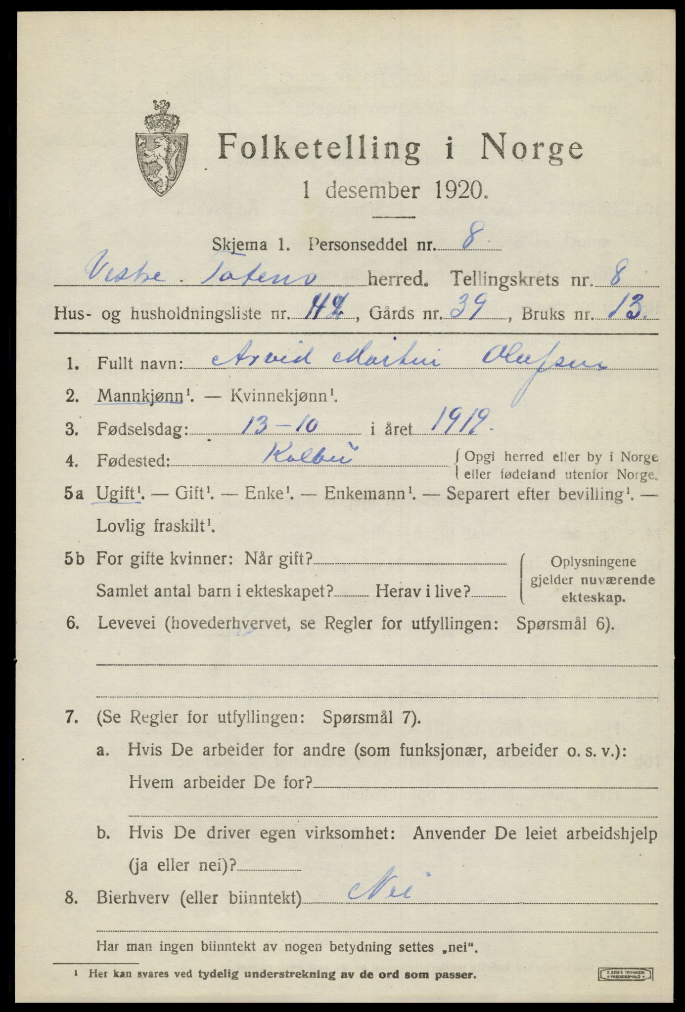 SAH, 1920 census for Vestre Toten, 1920, p. 11138