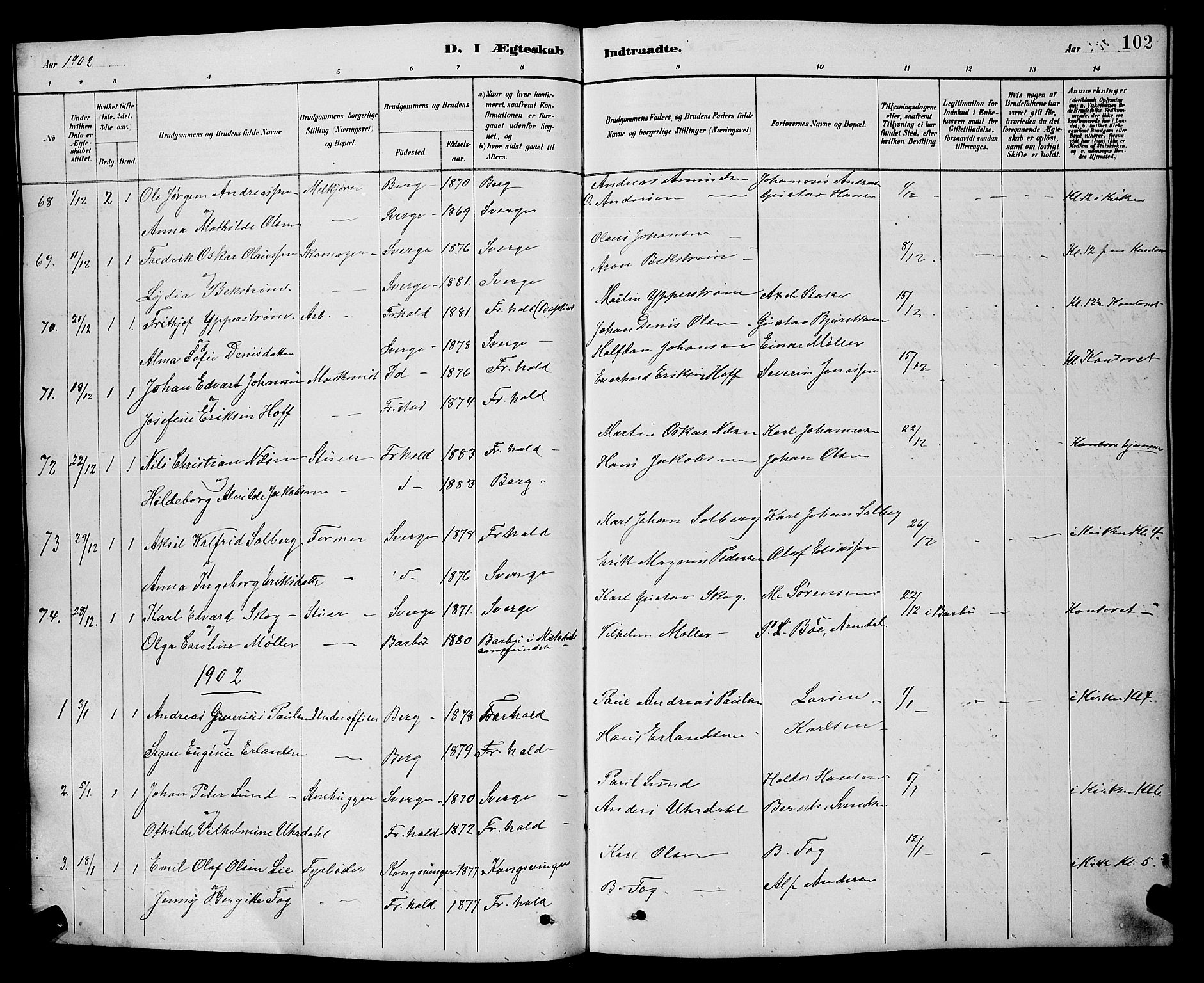 Halden prestekontor Kirkebøker, SAO/A-10909/G/Ga/L0009: Parish register (copy) no. 9, 1885-1908, p. 102
