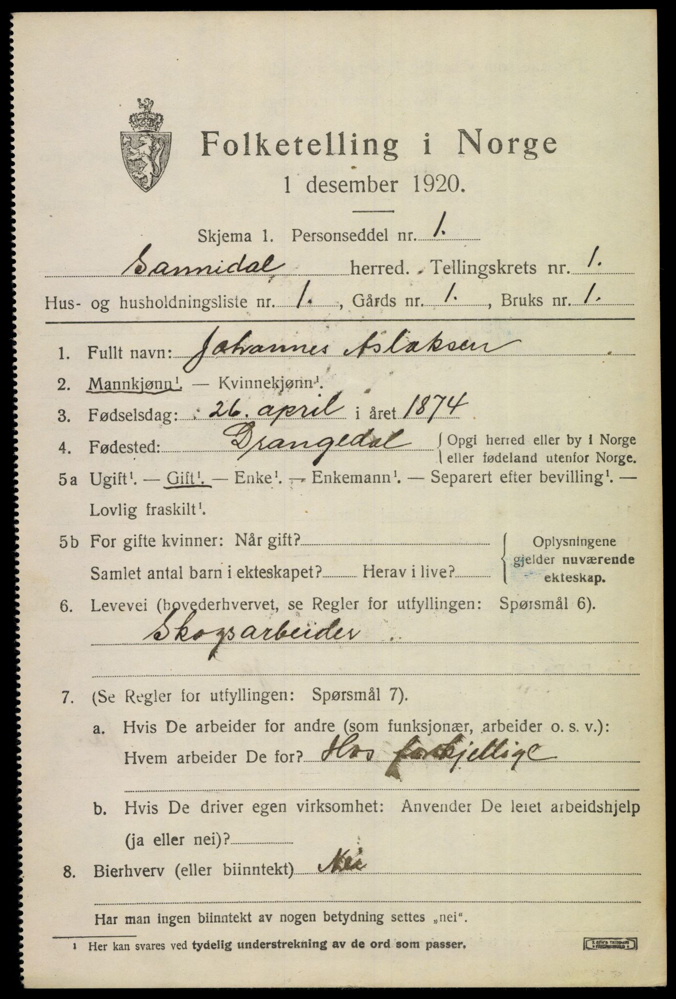 SAKO, 1920 census for Sannidal, 1920, p. 1027