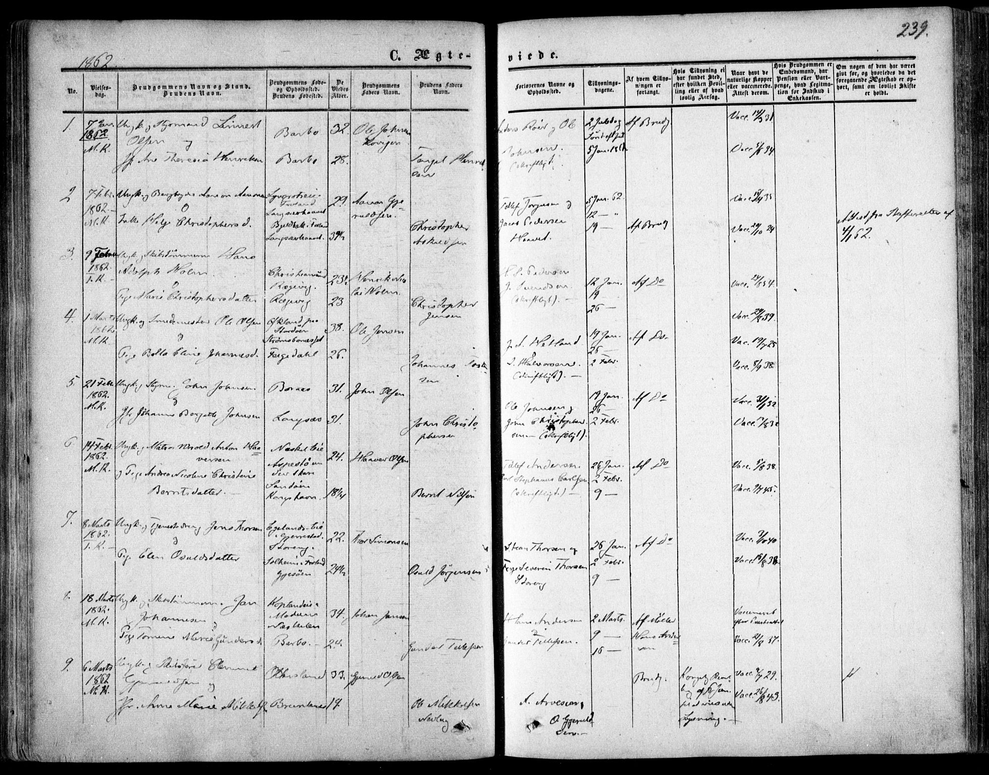 Tromøy sokneprestkontor, SAK/1111-0041/F/Fa/L0006: Parish register (official) no. A 6, 1855-1863, p. 239