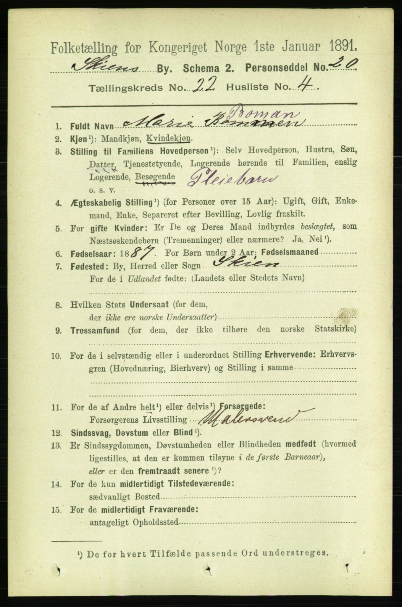 RA, 1891 census for 0806 Skien, 1891, p. 5709